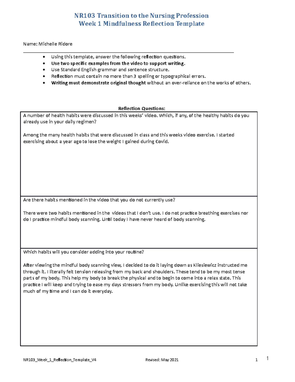 NR103 Week1 Reflection Template May2021 4 - NR-103 - Chamberlain ...