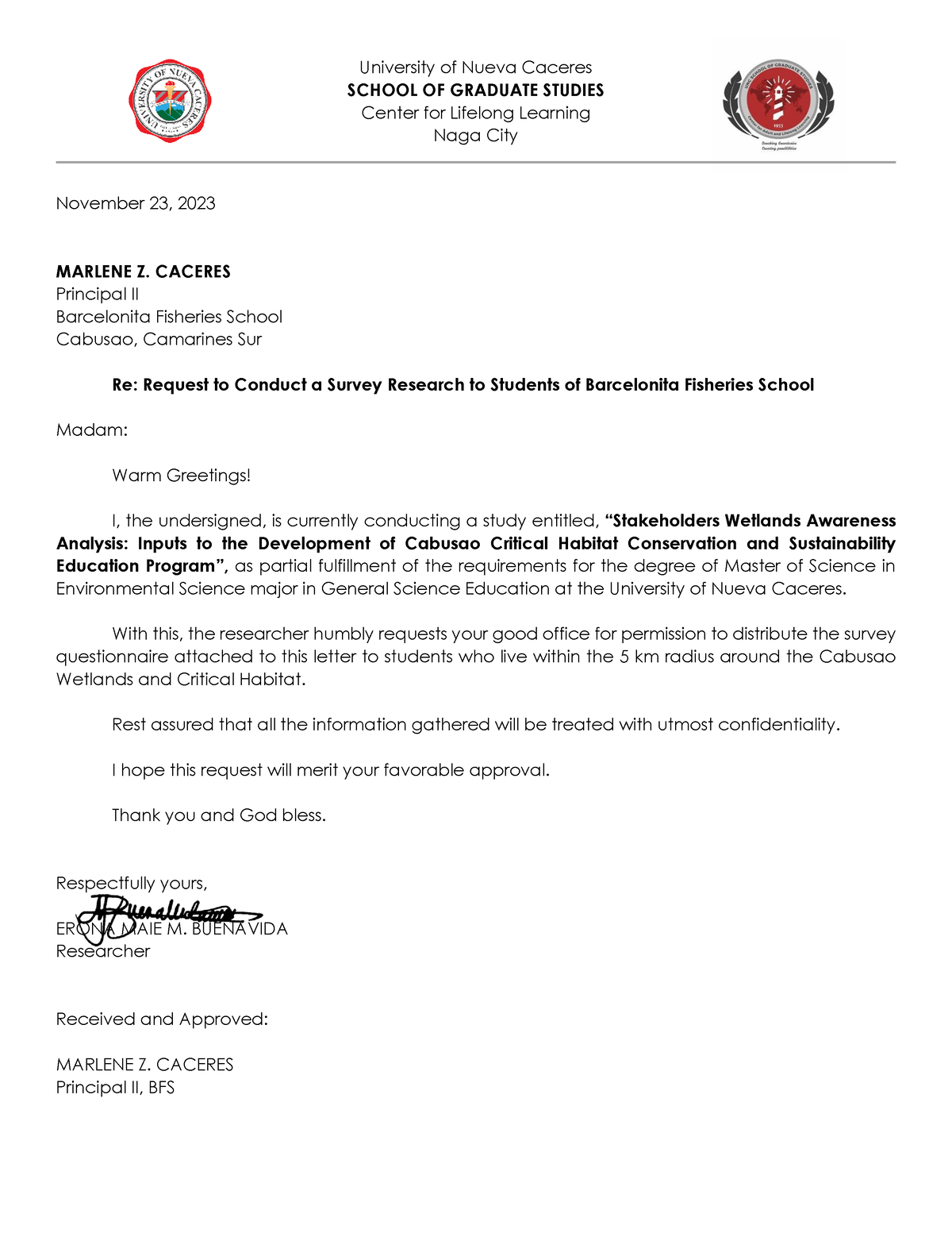 Request Letter BFS - University of Nueva Caceres SCHOOL OF GRADUATE ...