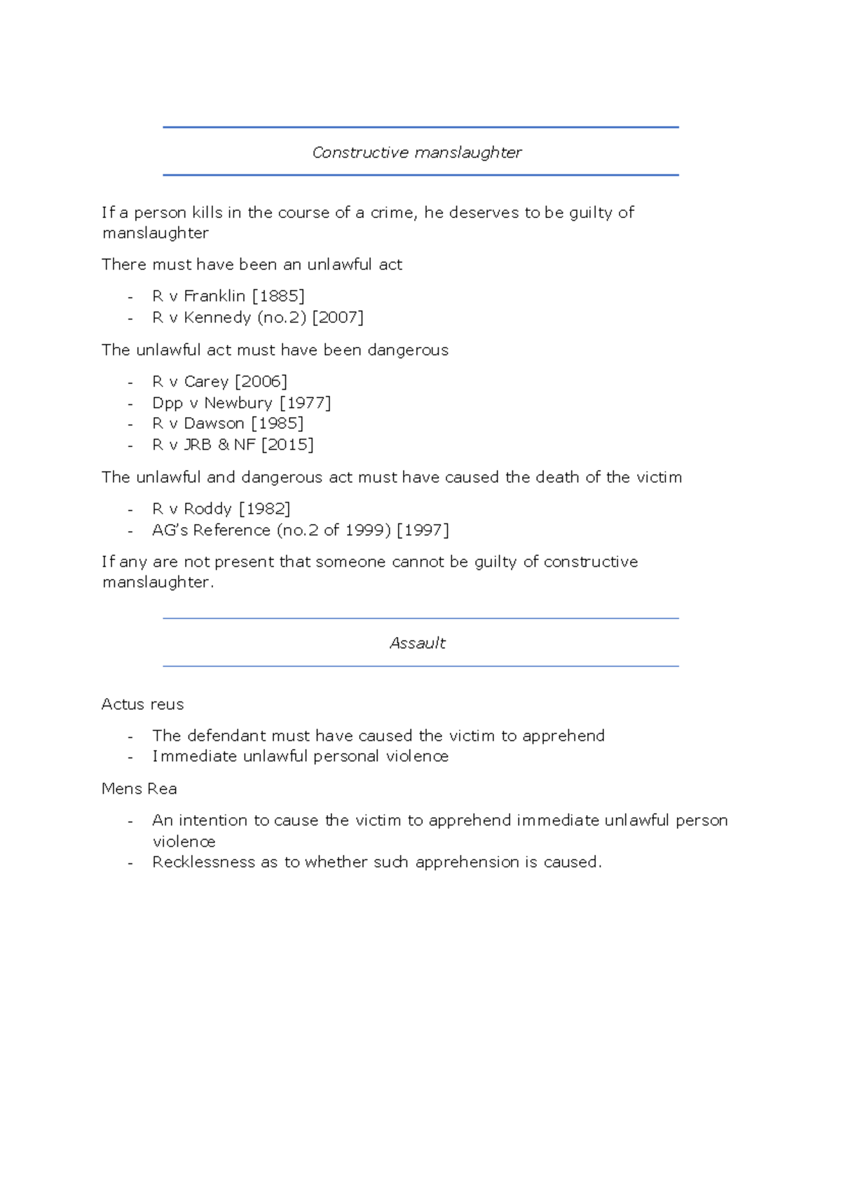 Constructive manslaughter - applied criminal - Seminar 5 - Constructive ...