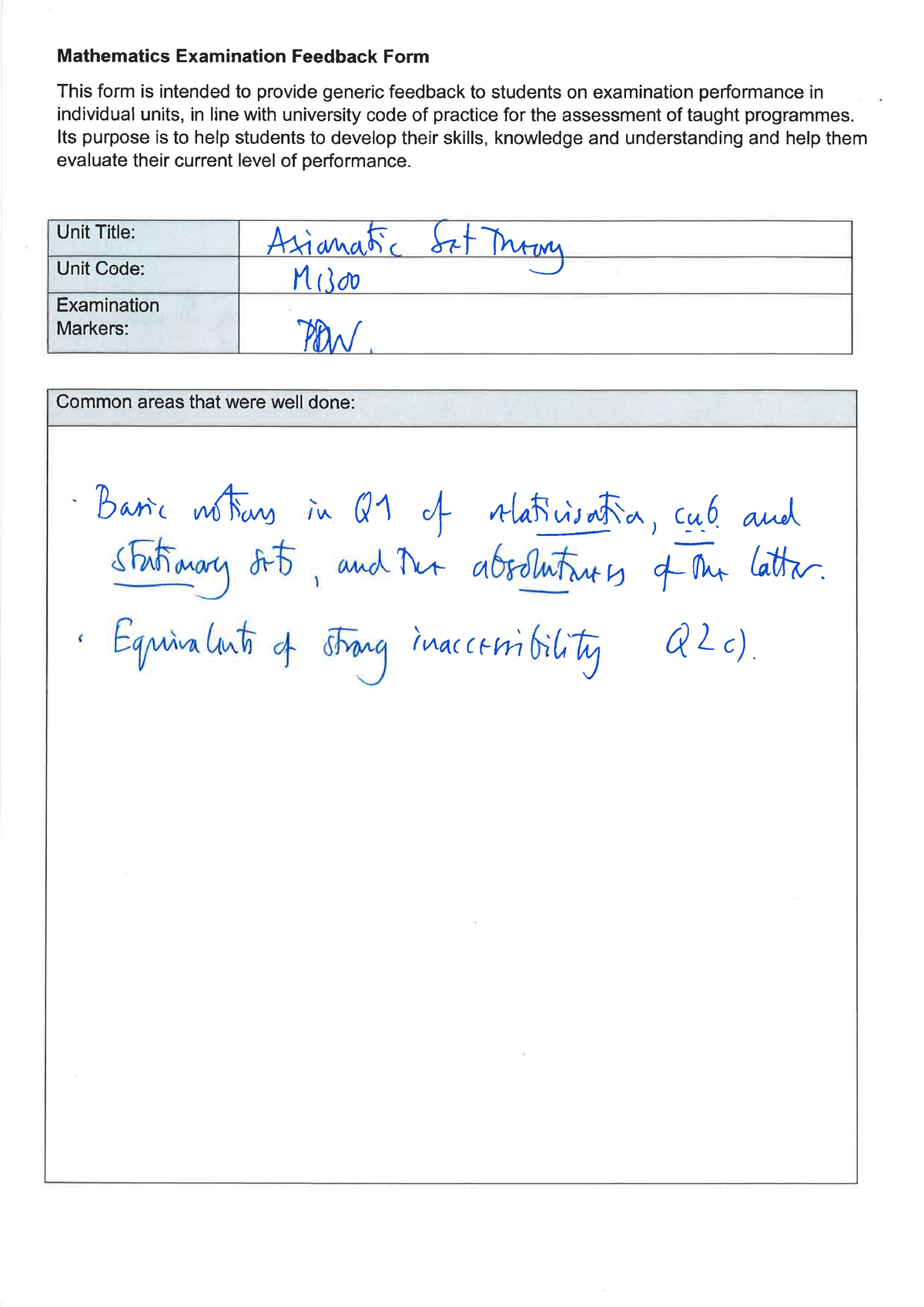 Axiomatic Set Theory Exam Feedback 2019 - MATHM1300 - Studocu