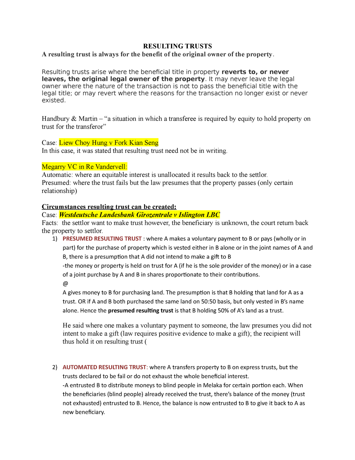 Resulting Trusts - Lecture Notes 5 - RESULTING TRUSTS A Resulting Trust ...