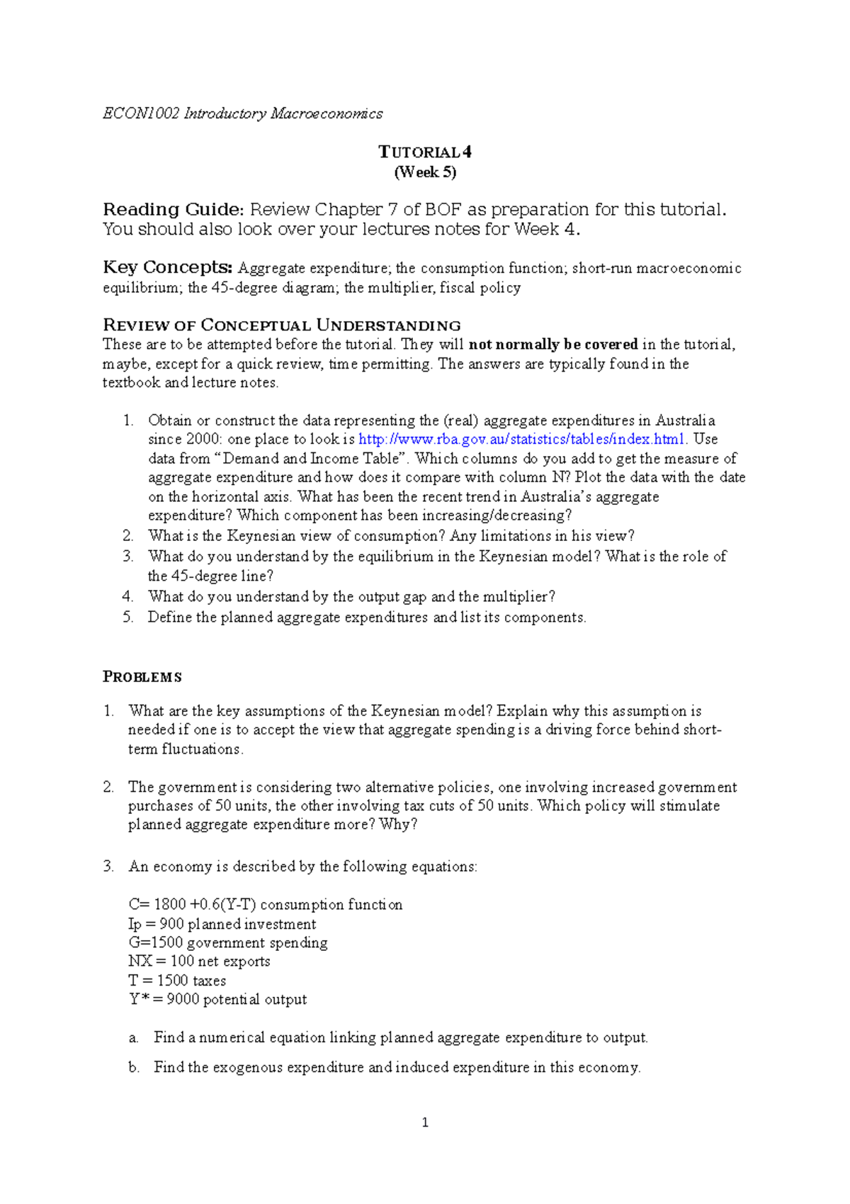 Tutorial 04 Week 5 Questions Econ1002 Introductory Macroeconomics Tutorial 04 Week 5 Questions Econ1002 Introductory Macroeconomics