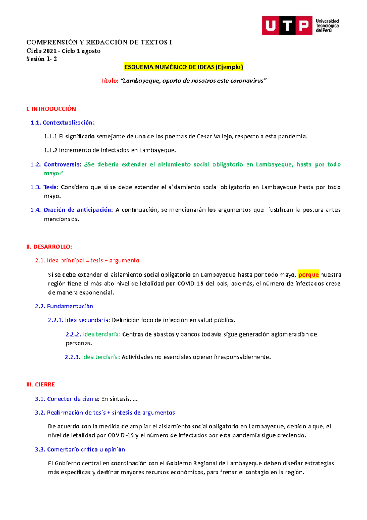 Ejemplo Esquema Numérico DE Ideas Y Texto Argumentativo - COMPRENSIÓN Y ...