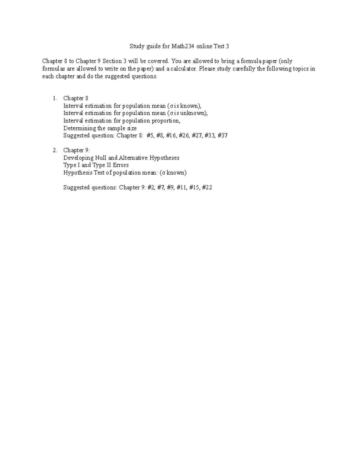 Study guide for Math234 online Test 3 You are allowed to bring a