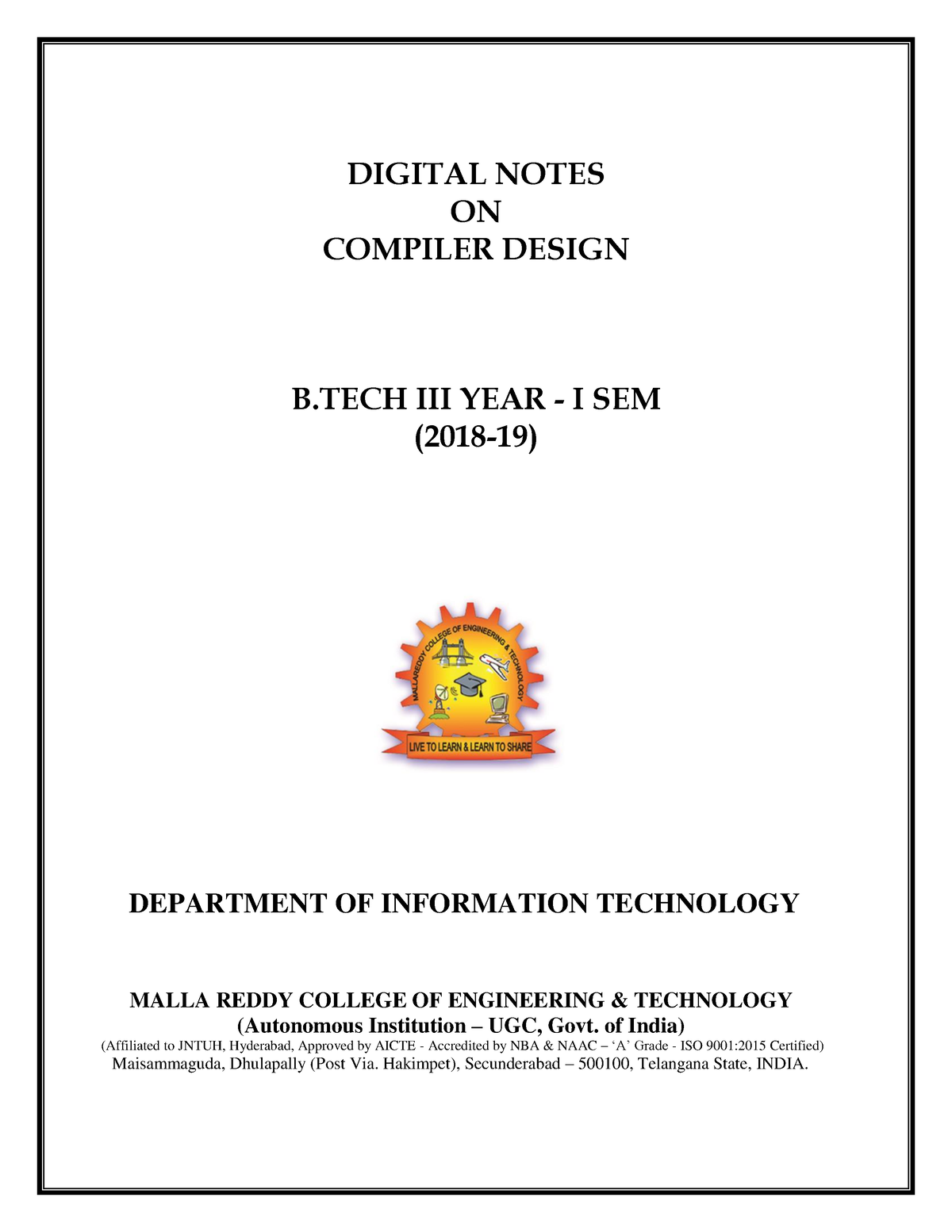 Compiler Design (R15A0512) - DIGITAL NOTES ON COMPILER DESIGN B III ...