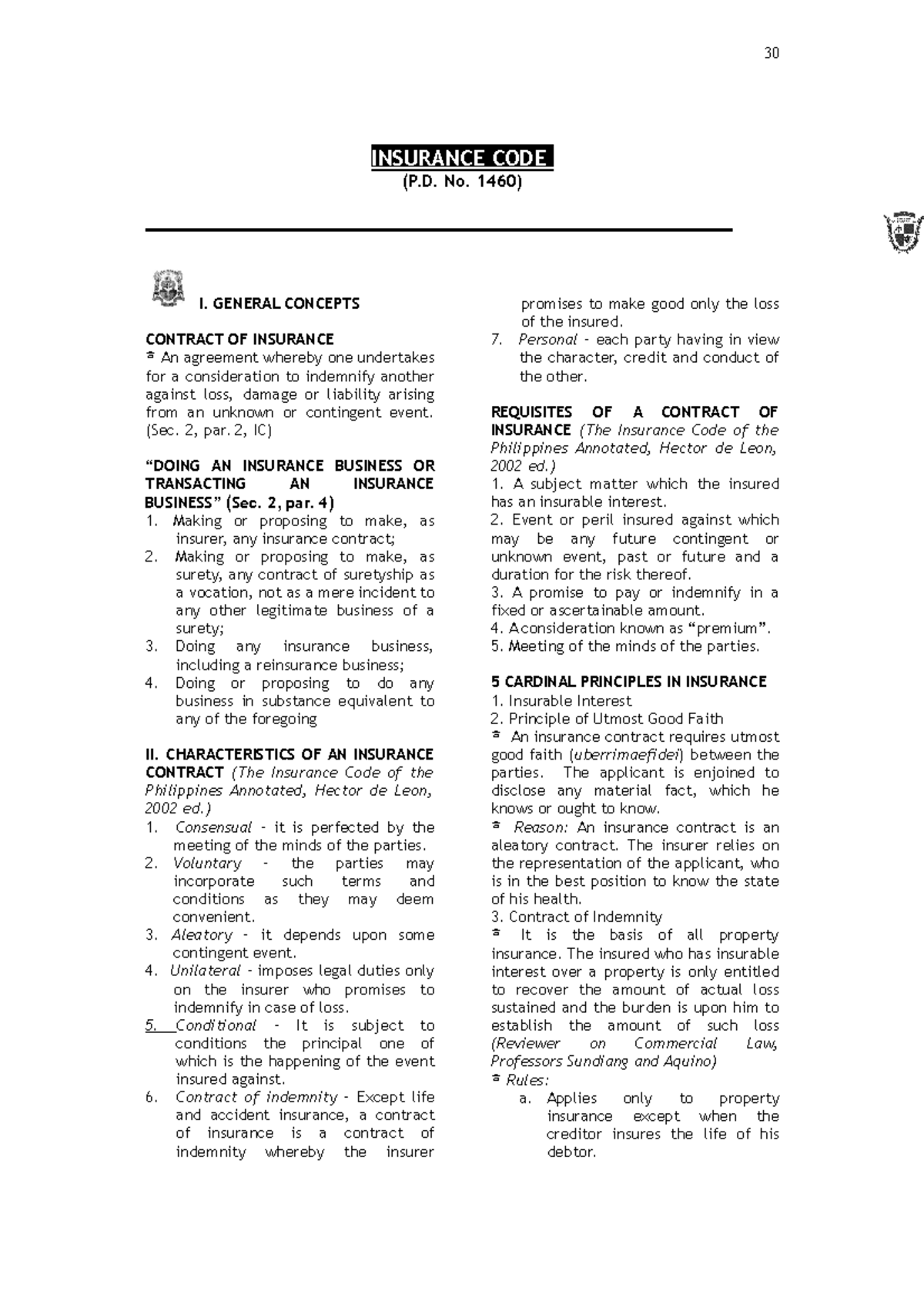 Pdfcoffee - read ctto - INSURANCE CODE (P. No. 1460) I. GENERAL ...