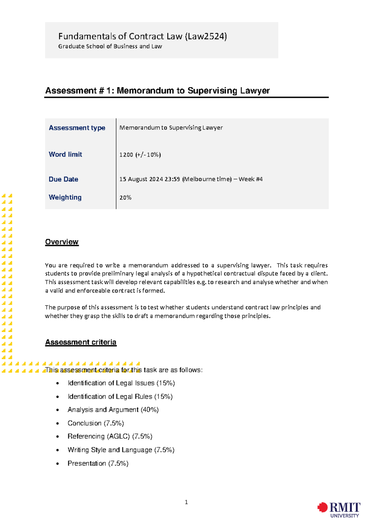 Fundamentals of Contract Law S2 2024 Assessment 1 29July2024 ...
