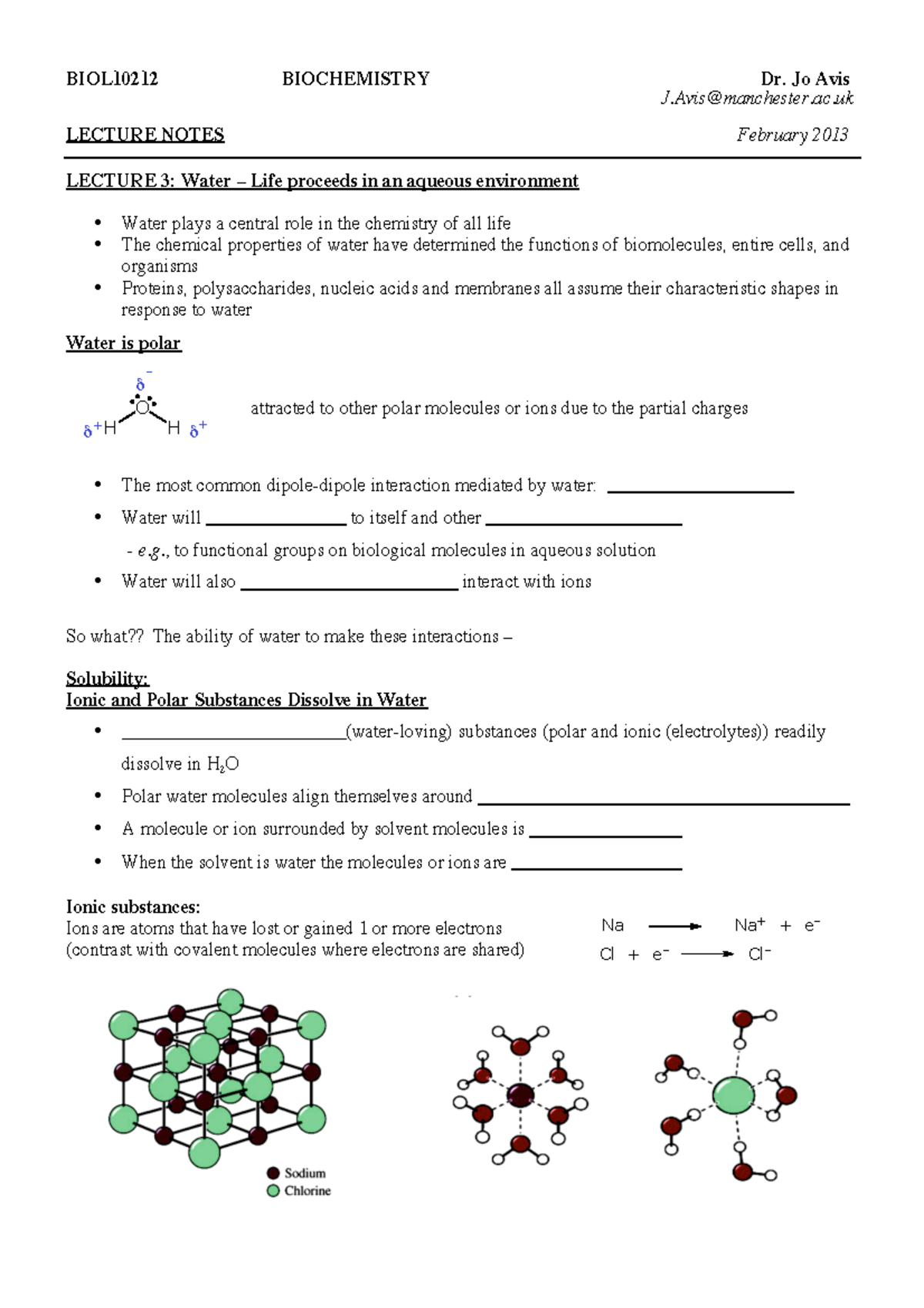 Biol10212 Lecture 3 4 Handout - Biol10212 Biochemistry Dr. Jo Avis J 