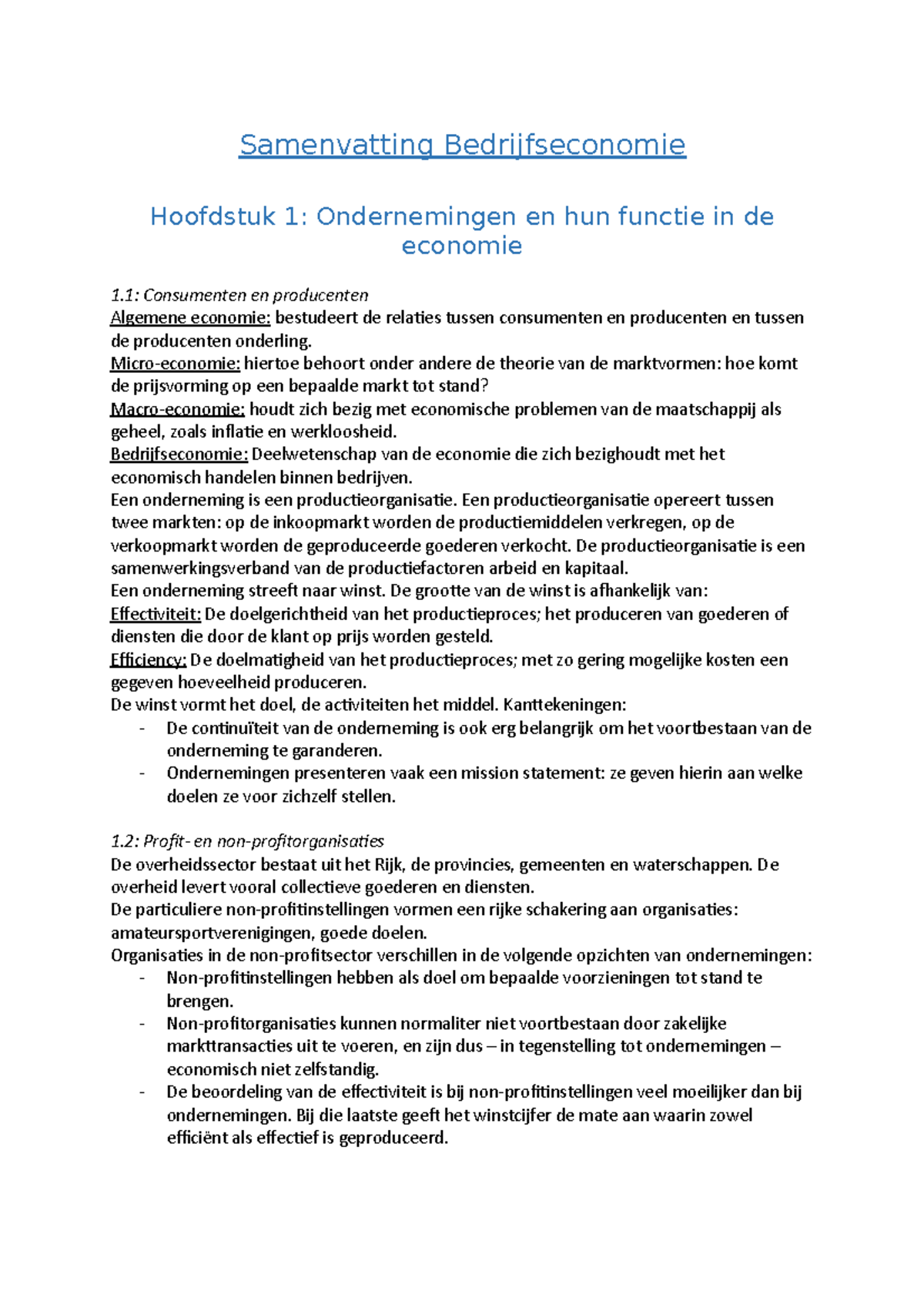 Samenvatting Bedrijfseconomie H1-H4 - Samenvatting Bedrijfseconomie ...