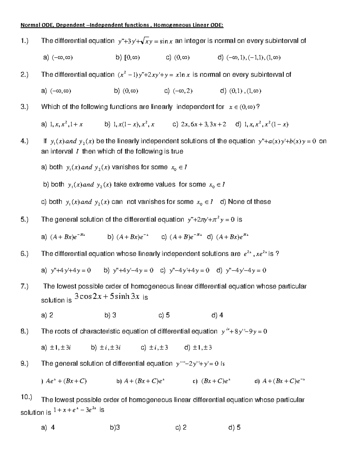 Unit 2 3set1 MTH174 MCQs for practice - Normal ODE, Dependent ...