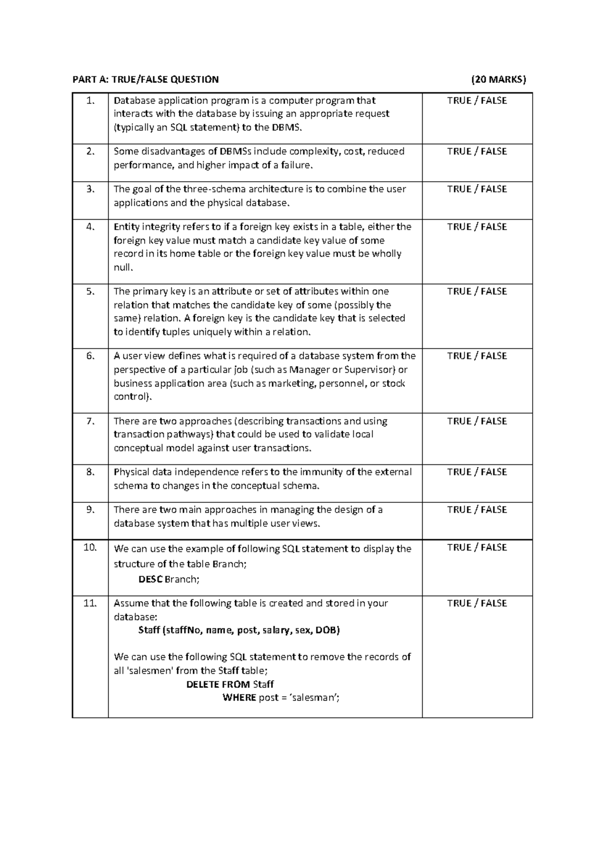 DB T1 1617 - Dataabse - PART A: TRUE/FALSE QUESTION (20 MARKS) 1 ...
