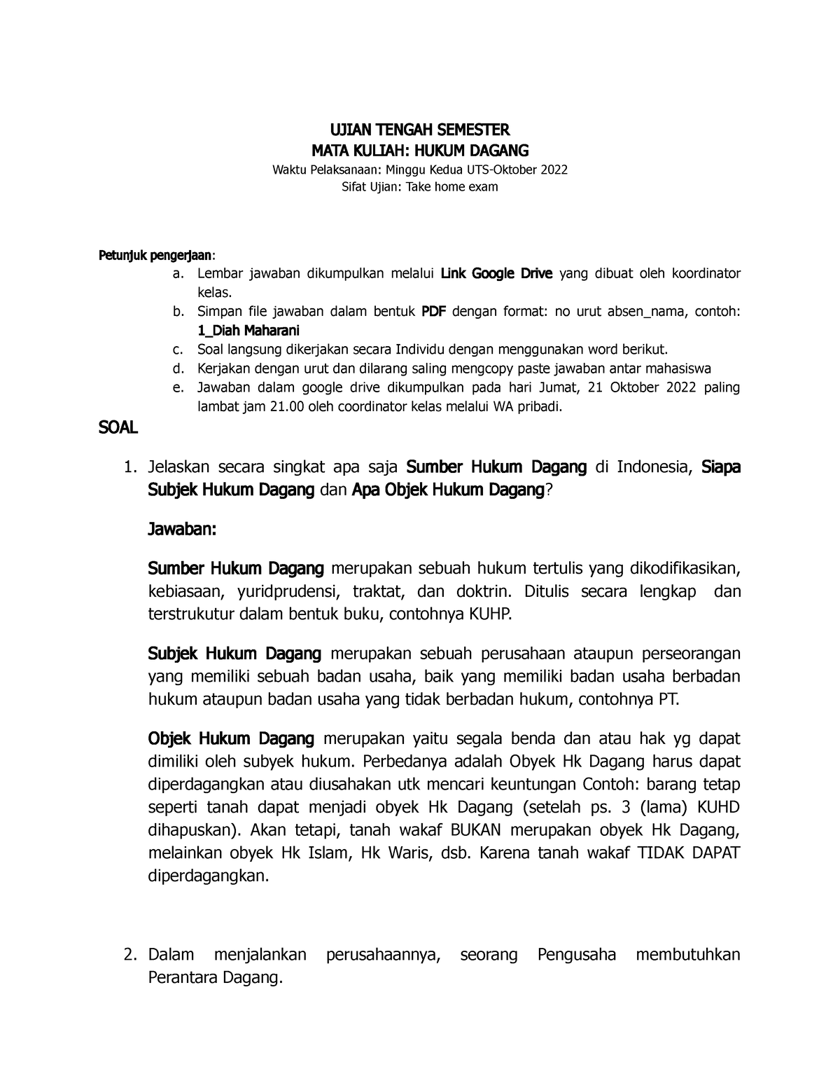 contoh soal essay hukum dagang