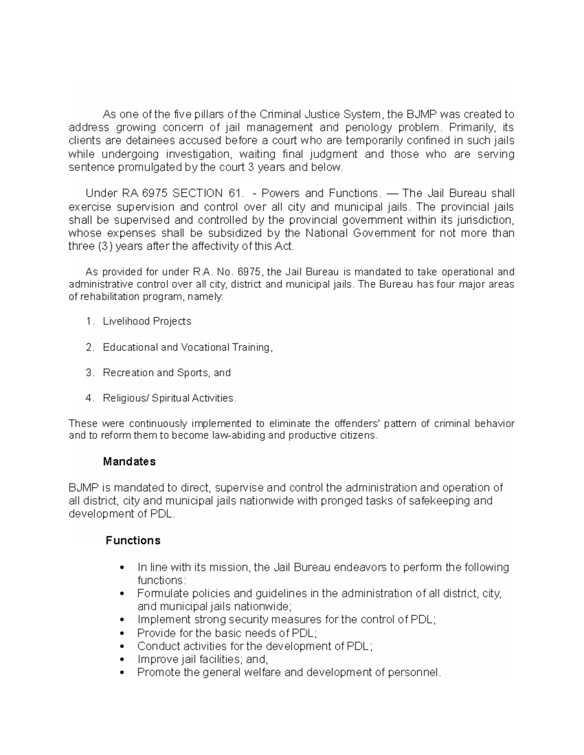 Lesson 8 BJMP As one of the five pillars of the Criminal Justice