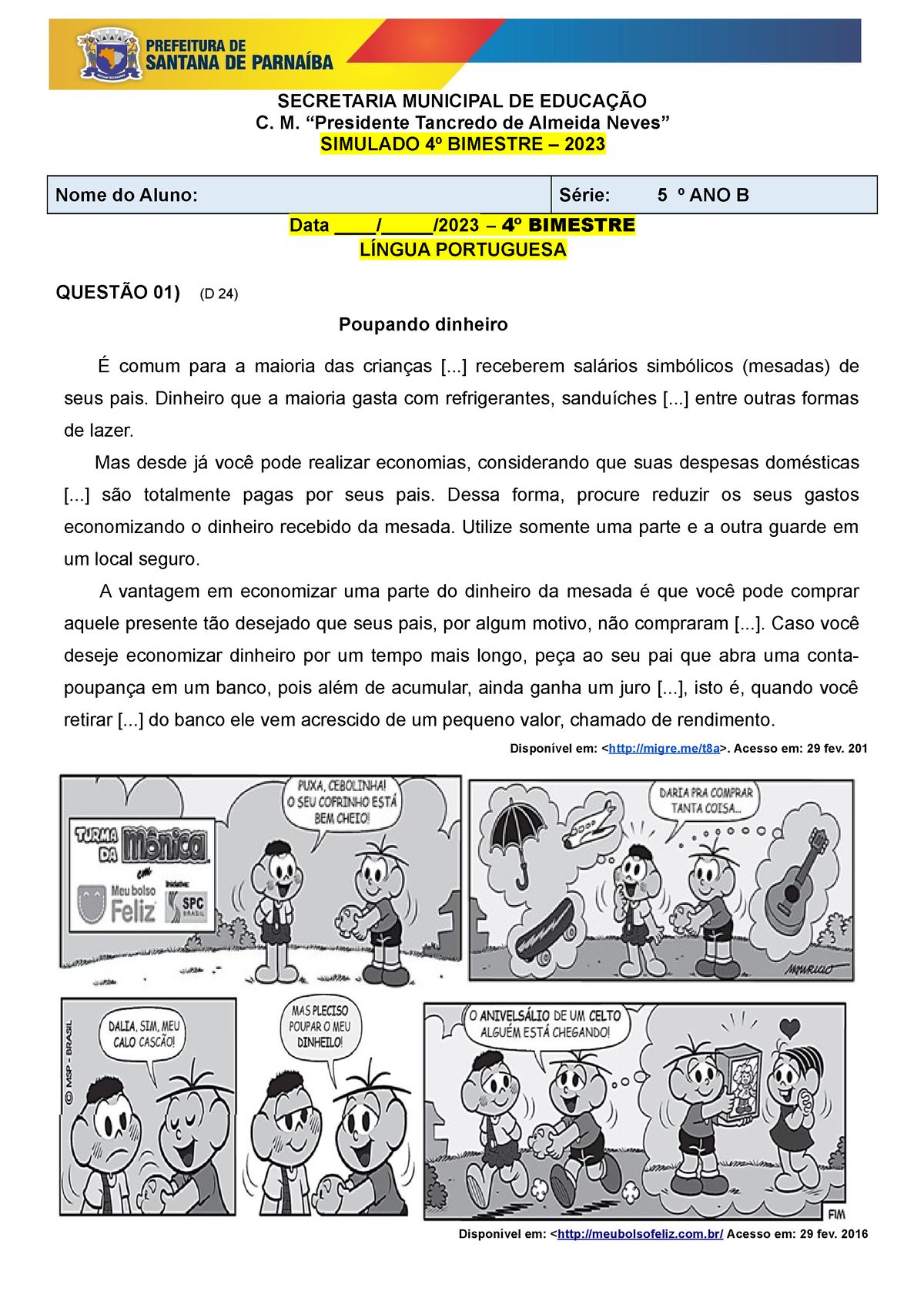 5º ANO B - Simulado DO 4º B Imestre - SECRETARIA MUNICIPAL DE EDUCAÇÃO ...