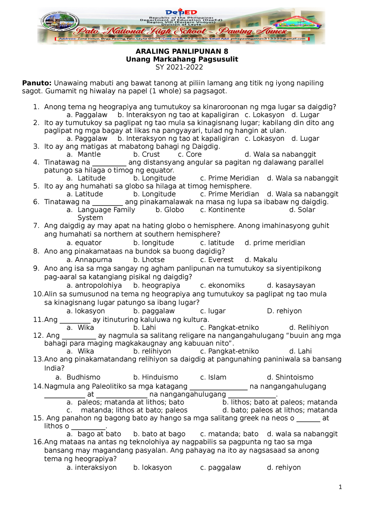 Quarter 1 Assessment In AP8 (30 Items) - ARALING PANLIPUNAN 8 Unang ...