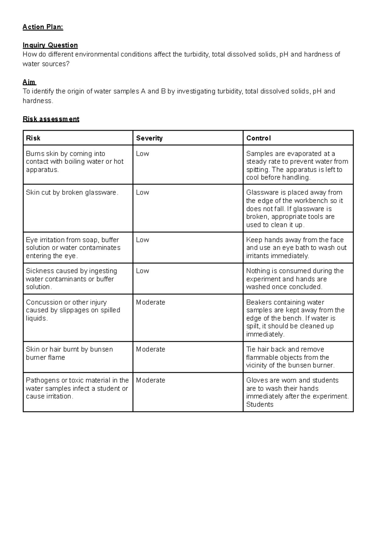 Water quality depth study - Action Plan: Inquiry Question How do ...
