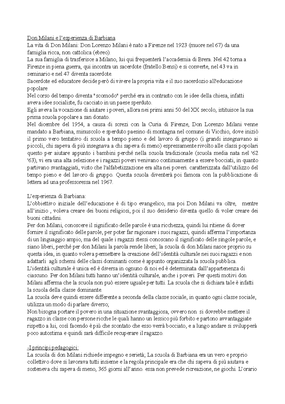 Lettera a una prof - Informazioni principali riguardanti Don Milani ...