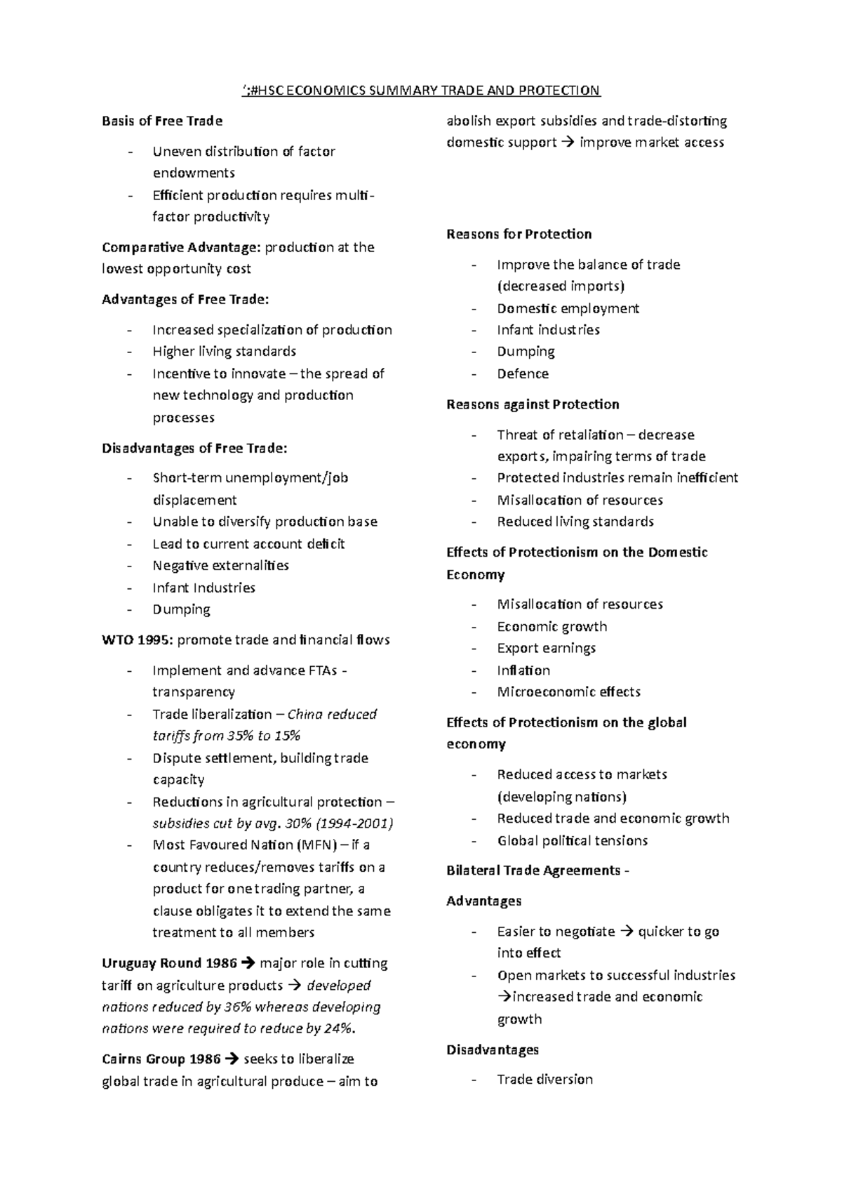 HSC Economics Summary Australia - ‘;#HSC ECONOMICS SUMMARY TRADE AND ...