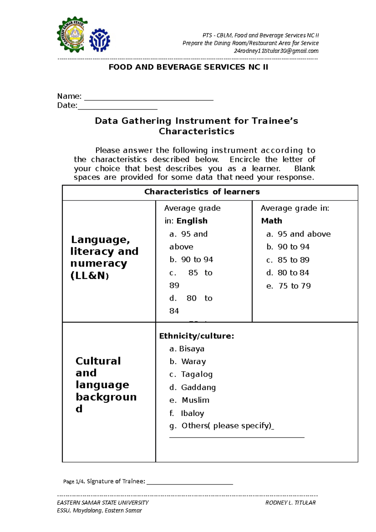 Characteristics OF Learner - ####### Prepare the Dining Room/Restaurant ...
