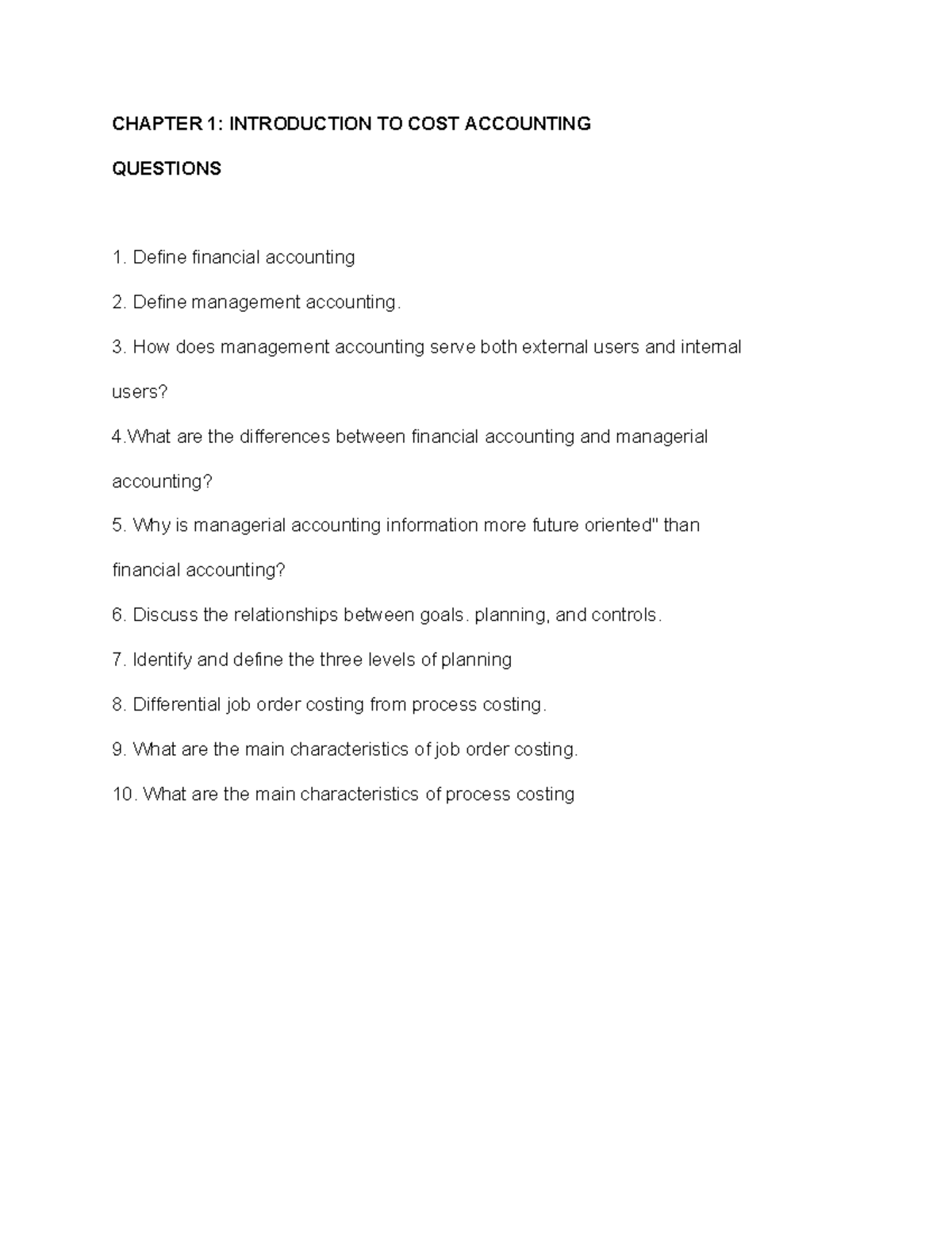 CH1 Intro TO COST Accounting Questions CHAPTER 1 INTRODUCTION TO