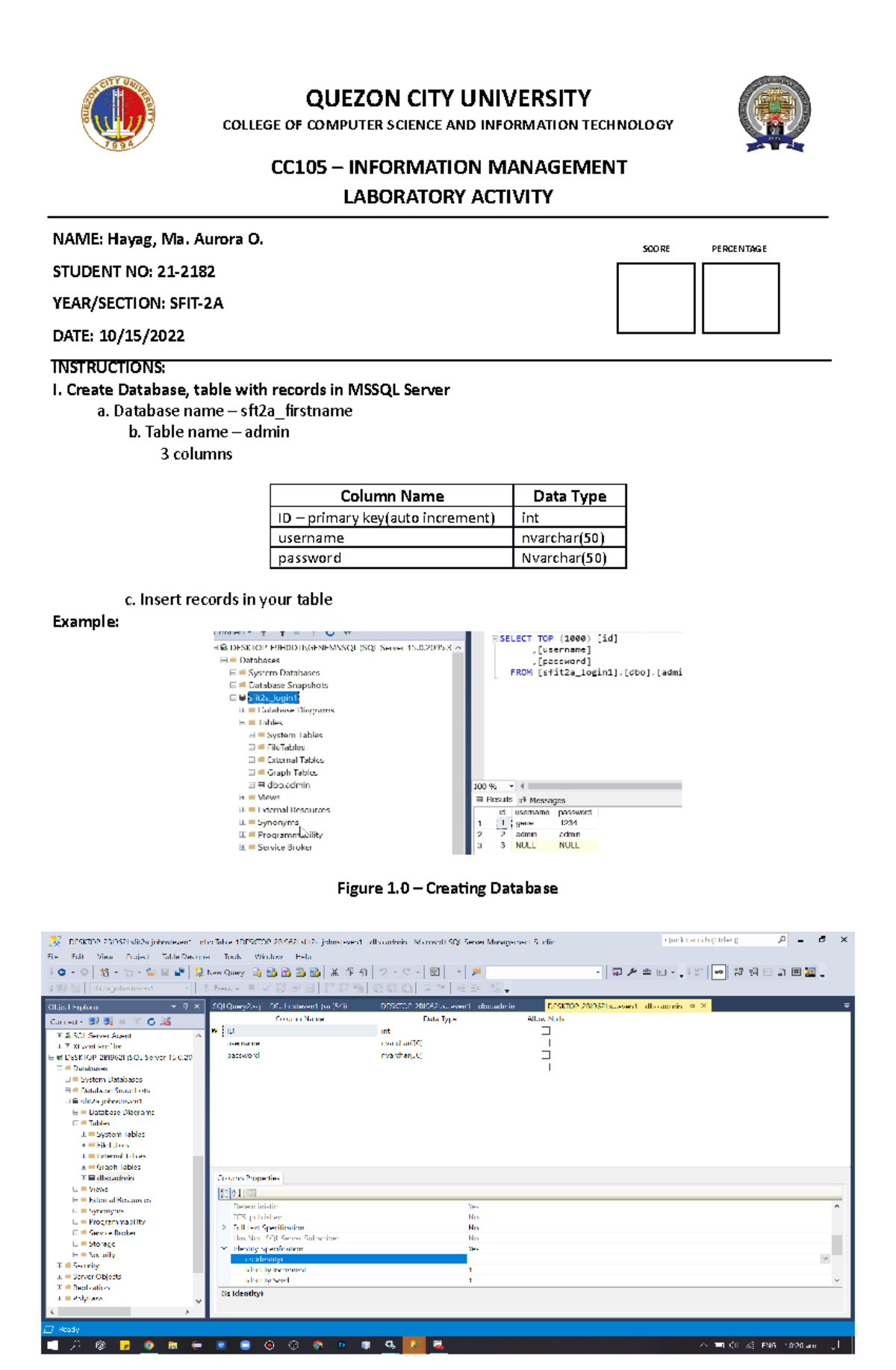 Hayag-MA- Aurora-O CC105 Midterm LAB- Activity Database - COLLEGE OF ...
