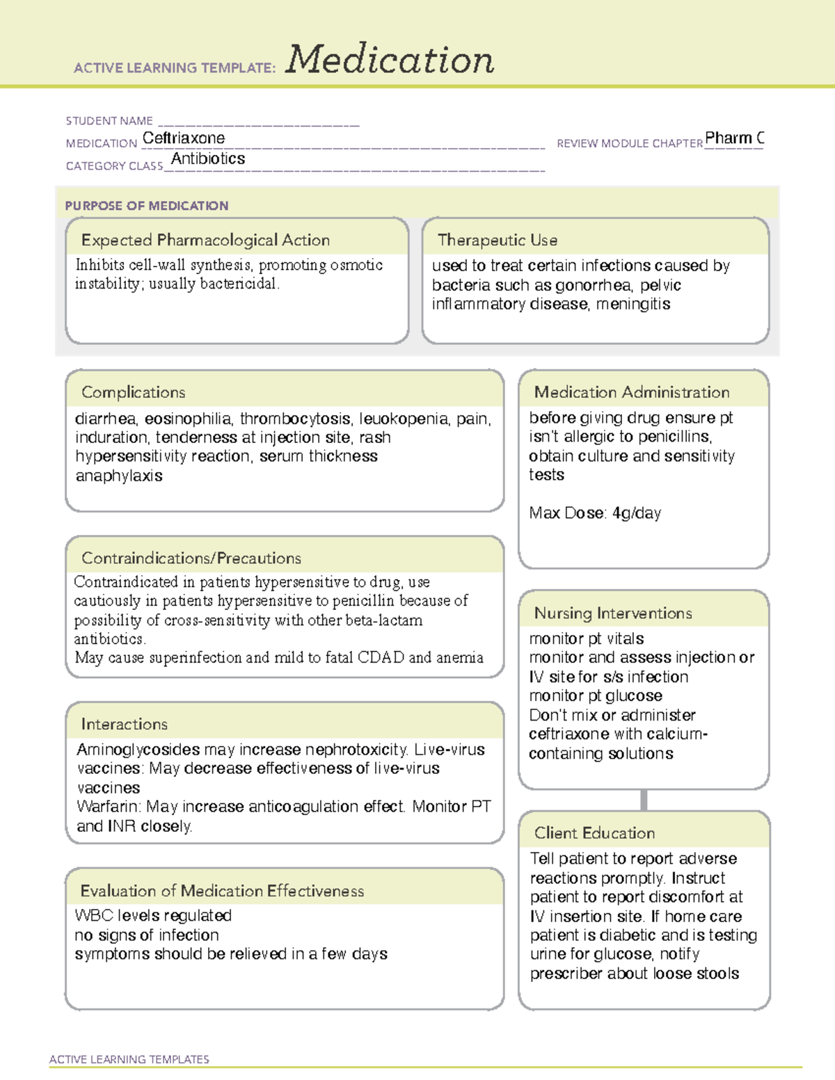 Ceftriaxone ATI Medication - ACTIVE LEARNING TEMPLATES Medication ...