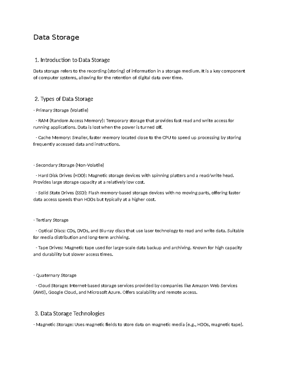Data Storage - Summary Introduction to Computer Science - Data Storage ...
