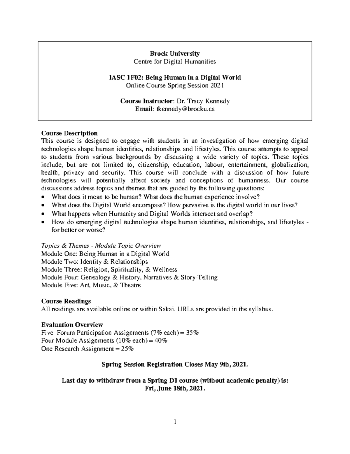 IASC1F02Course Syllabus SP 2021v1 Brock University Centre for Digital