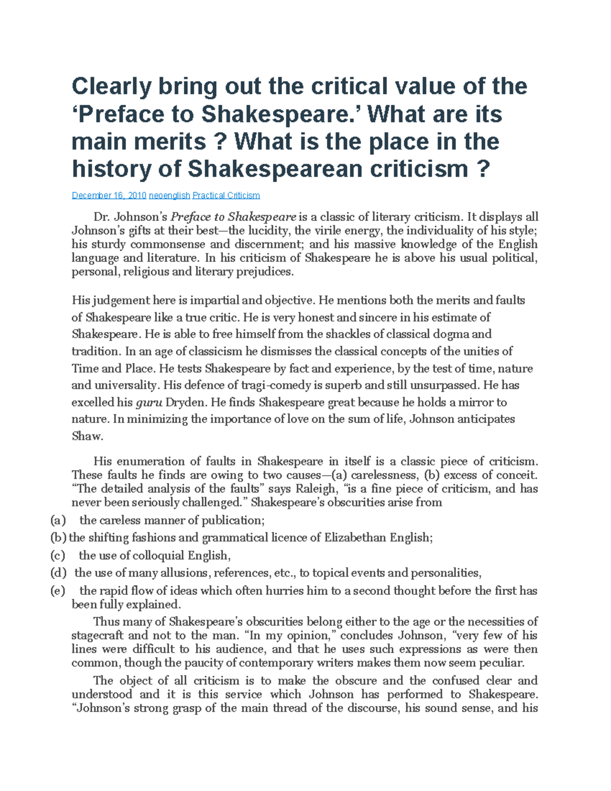 Preface to Shakespeare - Clearly bring out the critical value of the ...