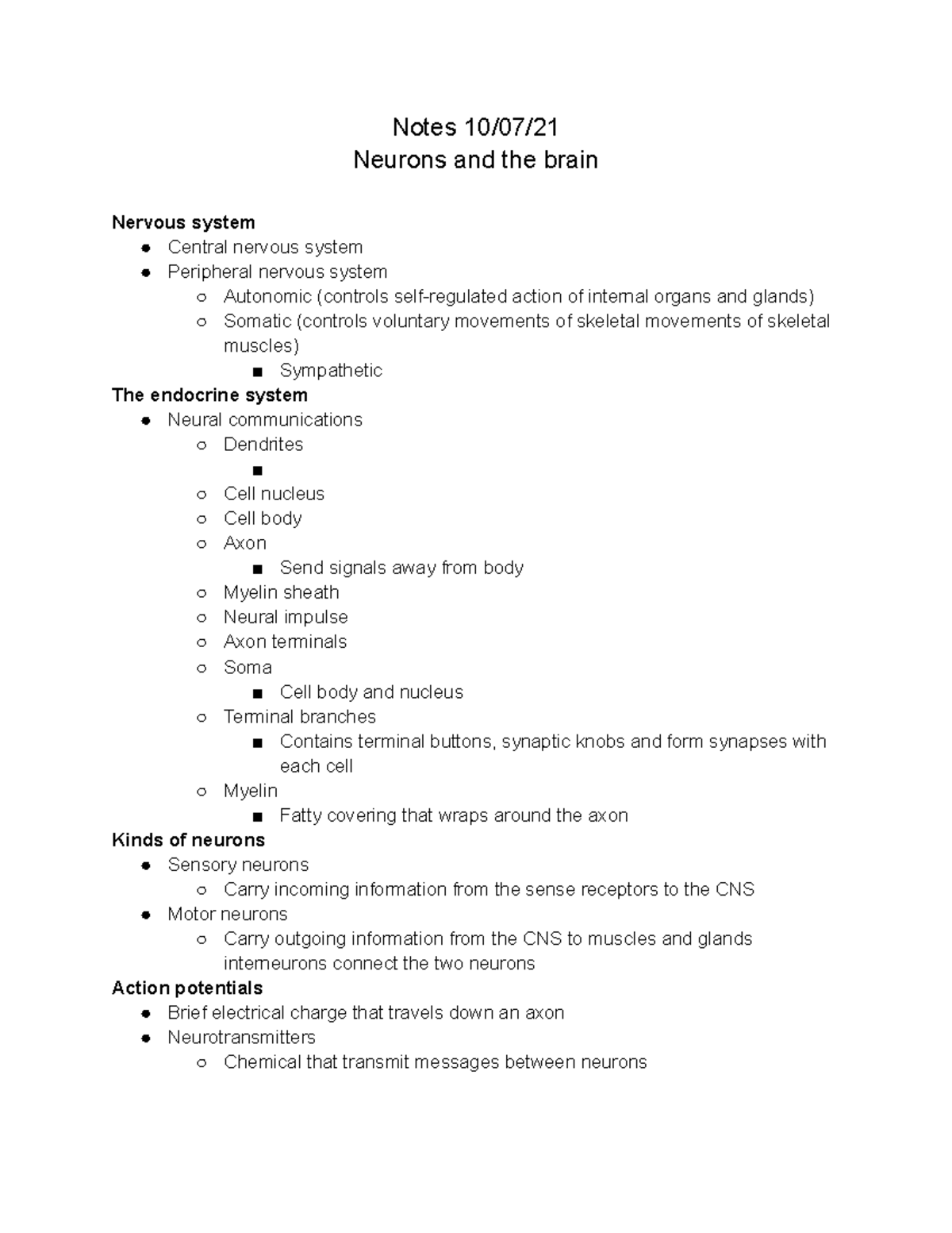 Notes 10 07 21 - the nurons and the brain - Notes 10/07/ Neurons and ...