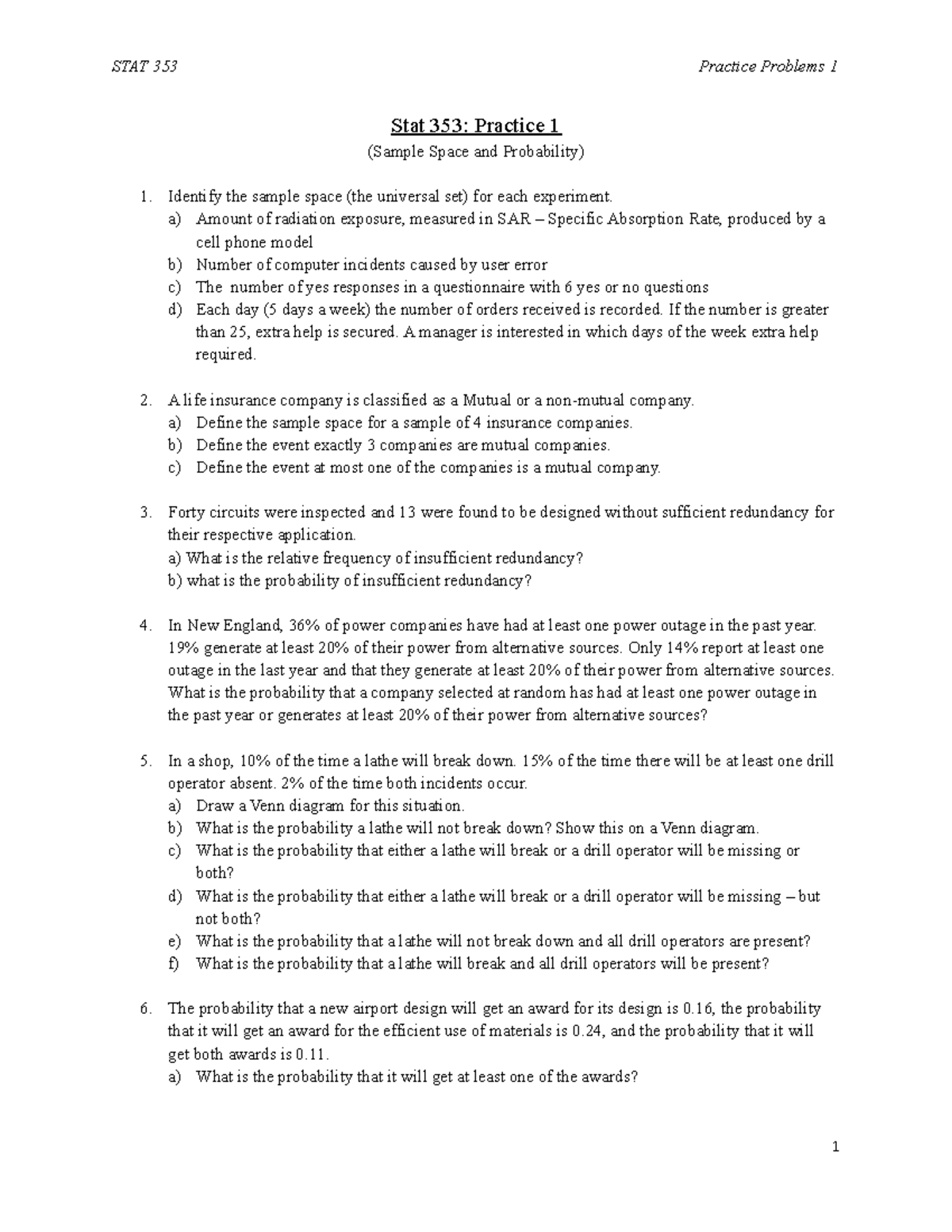 Practice 1 (Sample Space, Prob), 353 - STAT 353Practice Problems 1 Stat ...