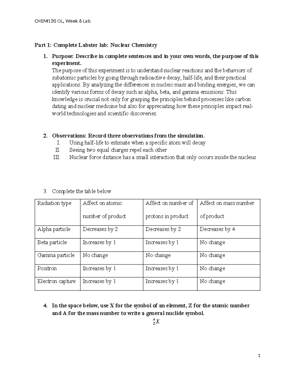 Chem120 Week 6 Nuclear Chemistry Part 1 Complete Labster Lab