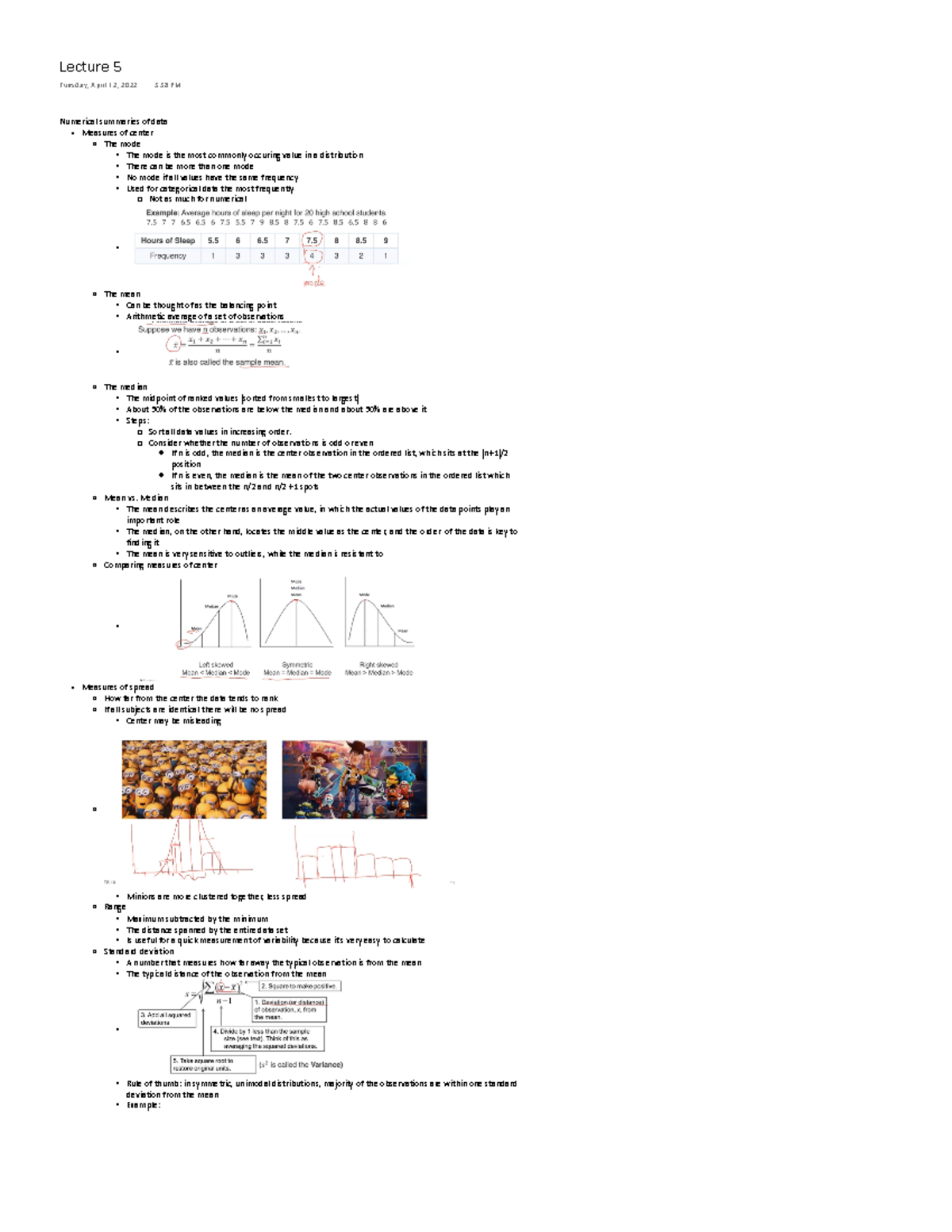 Stats 10 Lecture 5 notes - Numerical summaries of data Measures of ...