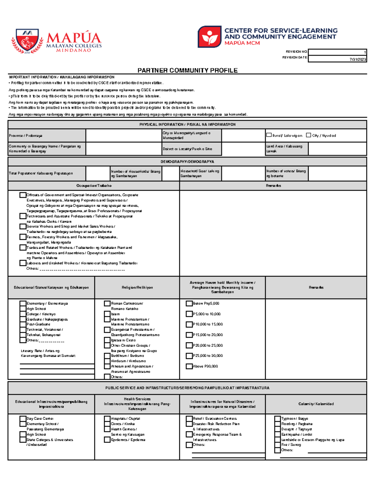 CSCE-016A Community Profile - 1 7/31/ IMPORTANT INFORMATION ...
