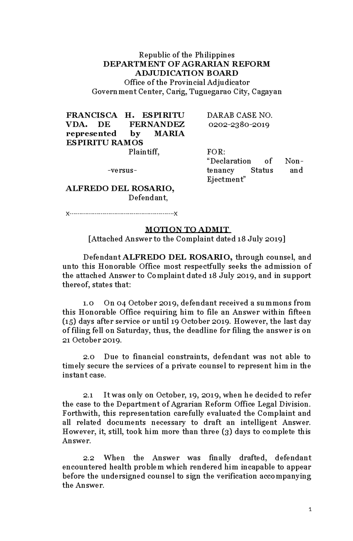 435506085 Motion to Admit - Republic of the Philippines DEPARTMENT OF ...