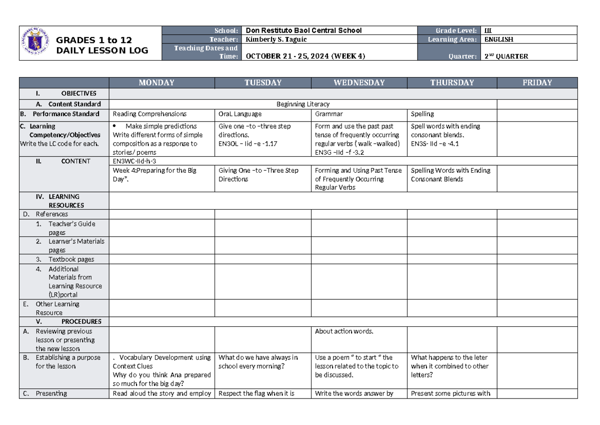 DLL English 3 Q2 W4 - dll quarter 2 - GRADES 1 to 12 DAILY LESSON LOG ...