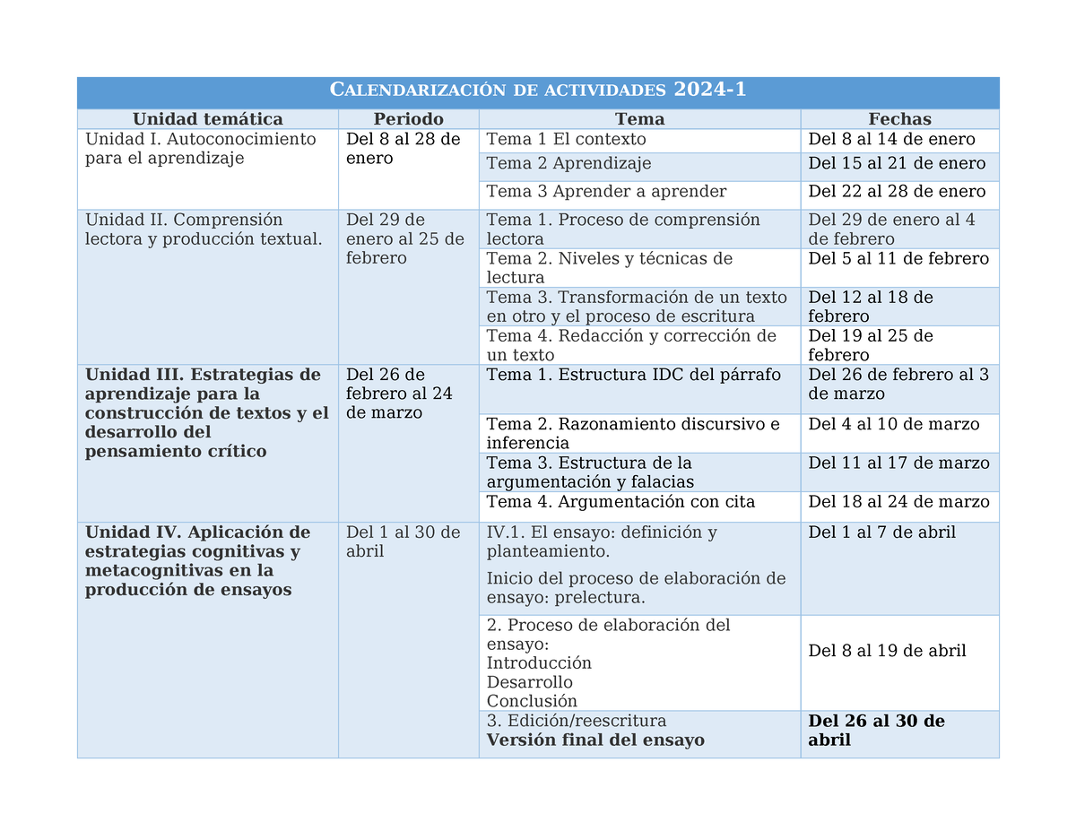 Calendarización de actividades EAA 20241 CALENDARIZACIÓN DE