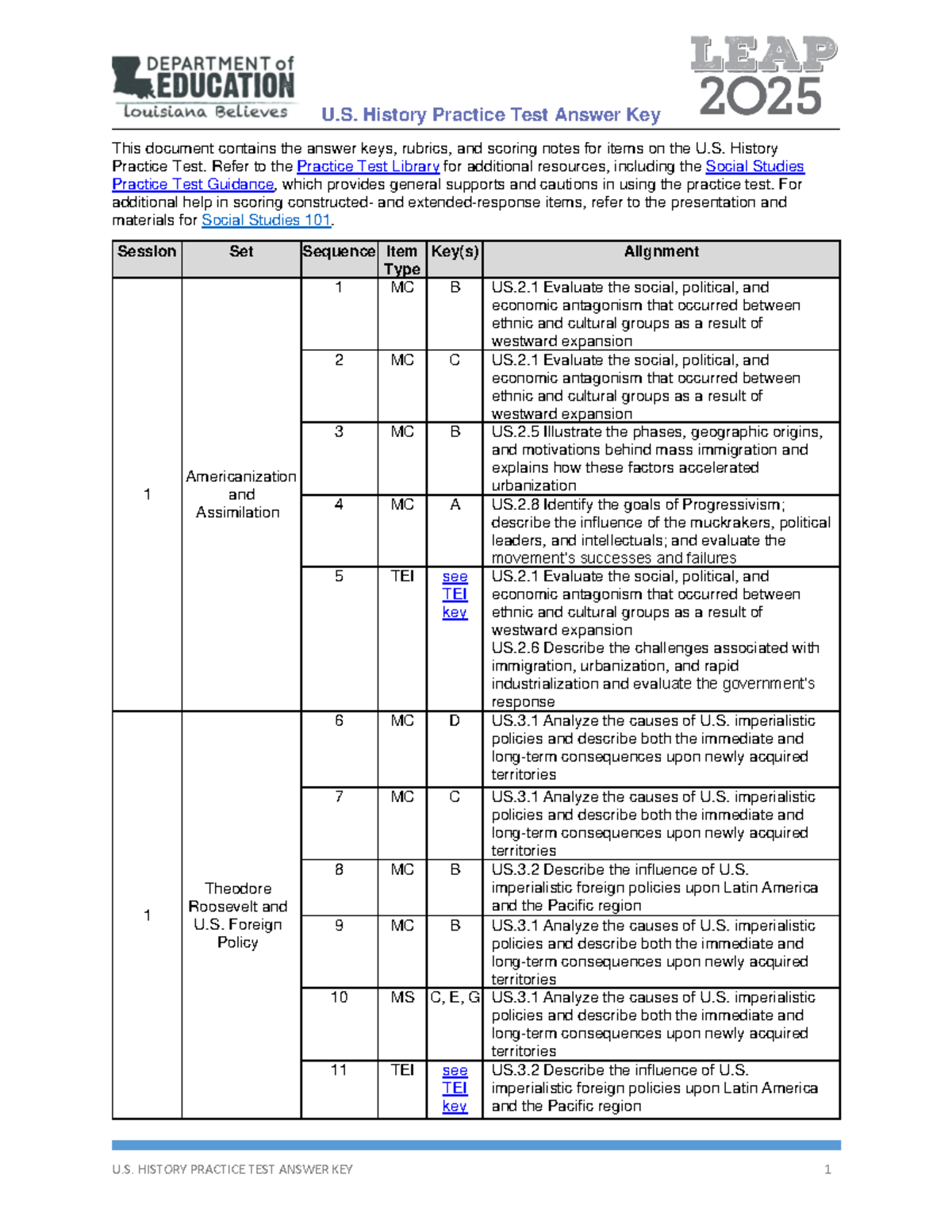 Leap 2025 u s history practice test answer key This document contains