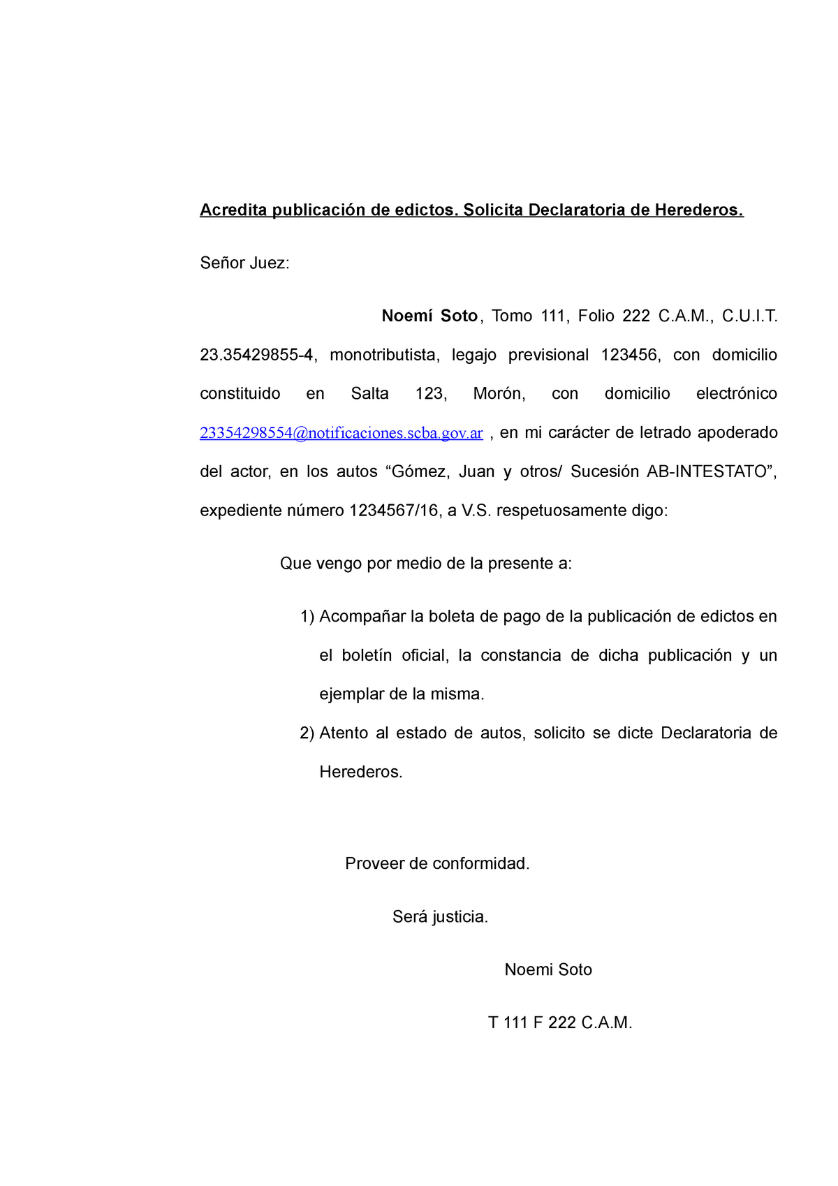 Escrito de acredita Publicación de Edictos - Acredita publicación de edictos.  Solicita Declaratoria - Studocu