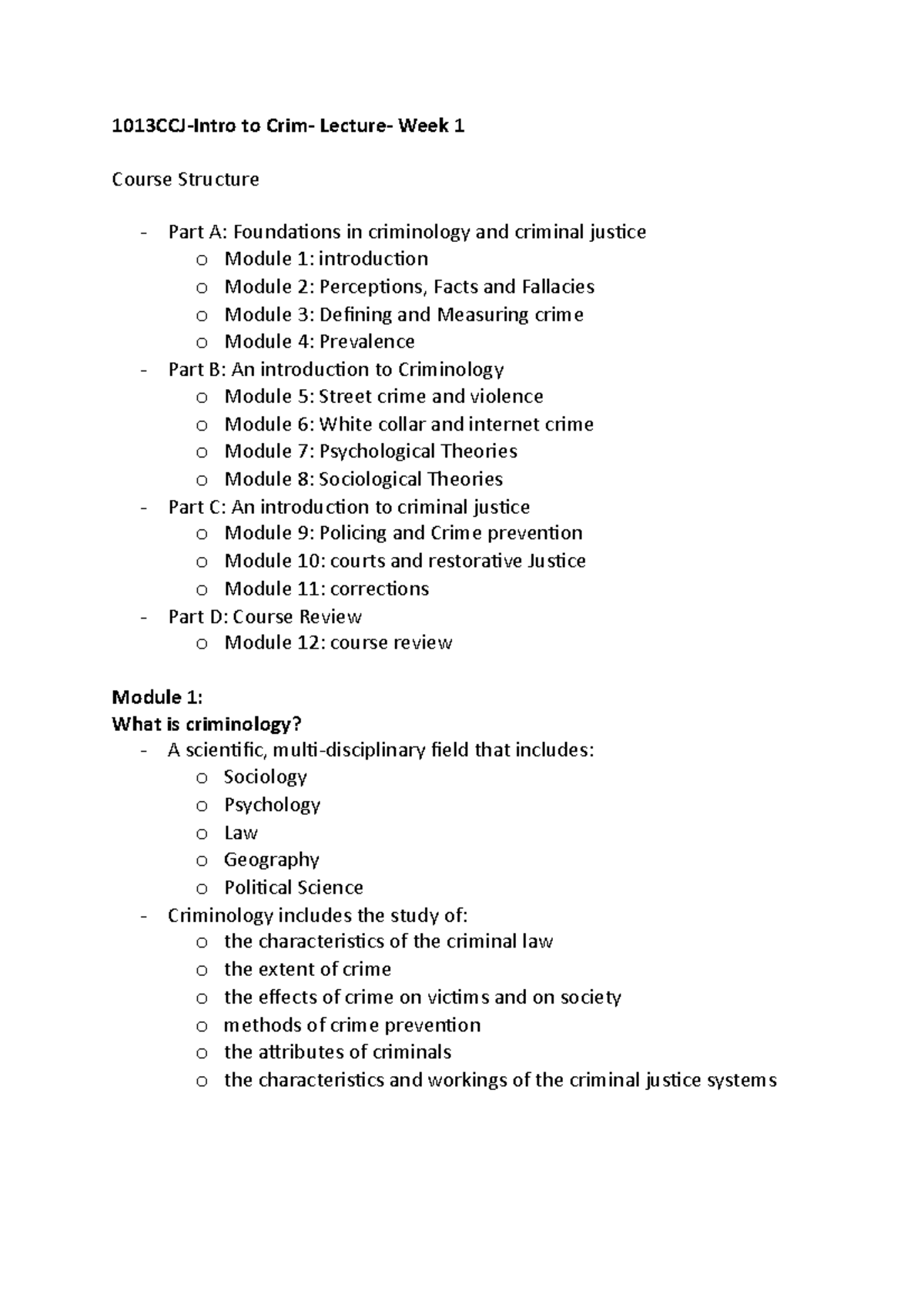 1013CCJ- lecture 1 - 1013CCJ-Intro to Crim- Lecture- Week 1 Course ...