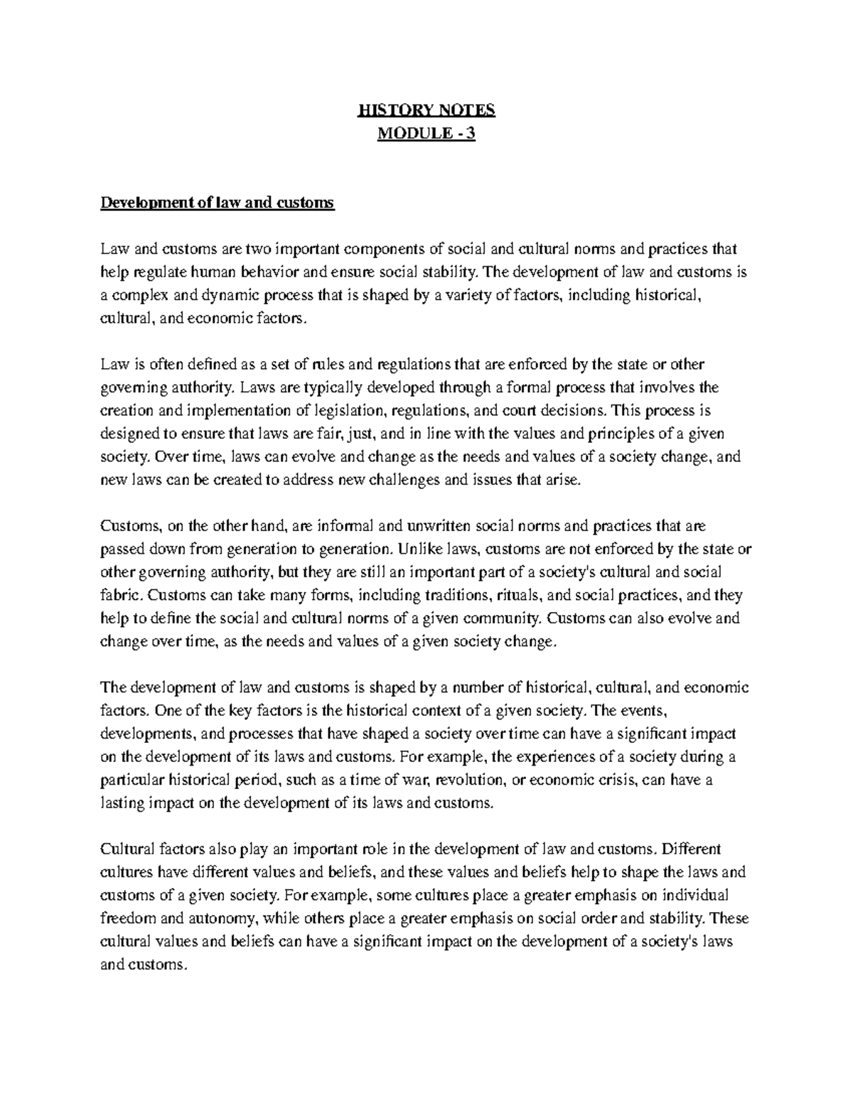 History Notes - HISTORY NOTES MODULE - 3 Development of law and customs ...