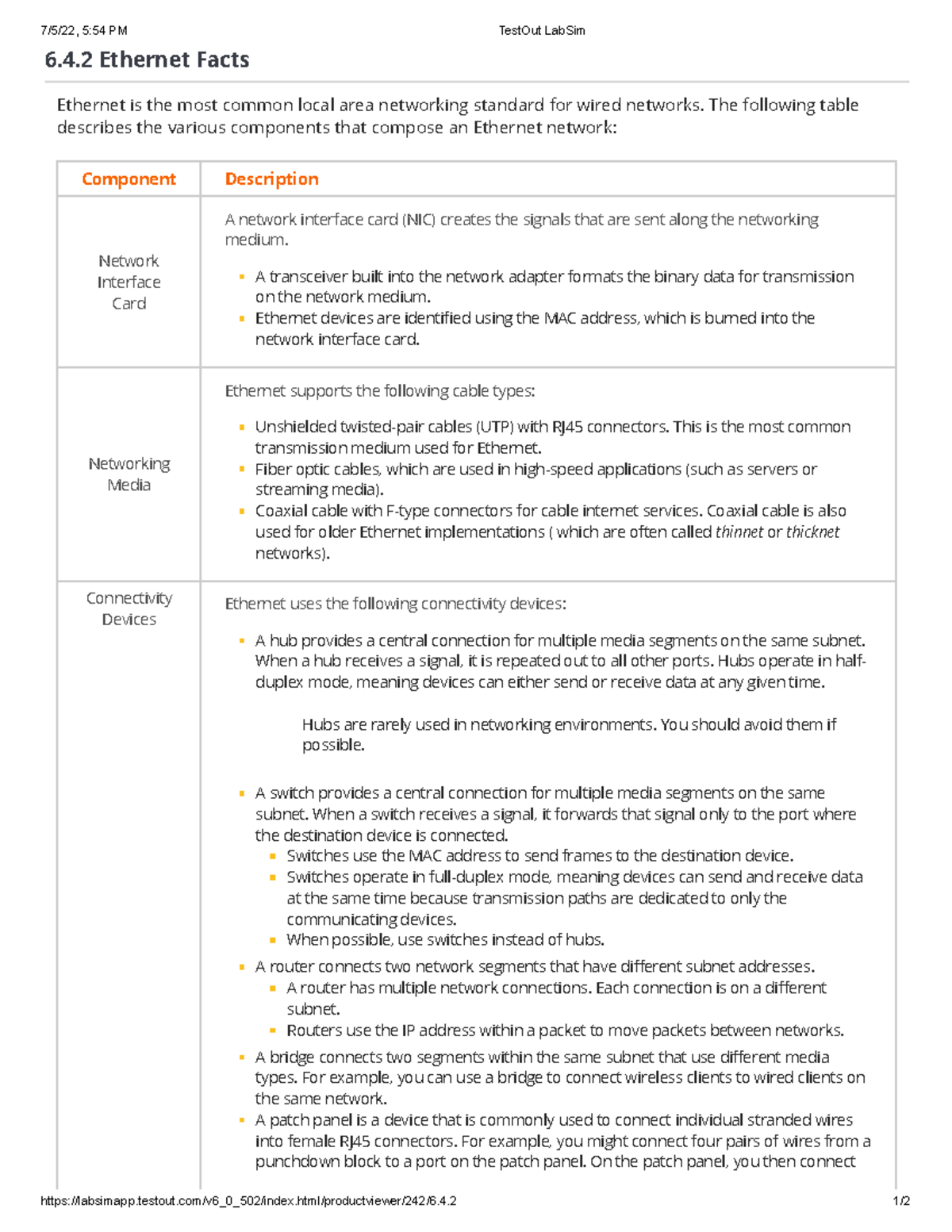 Ethernet facts - 7/5/22, 5:54 PM TestOut LabSim - Studocu