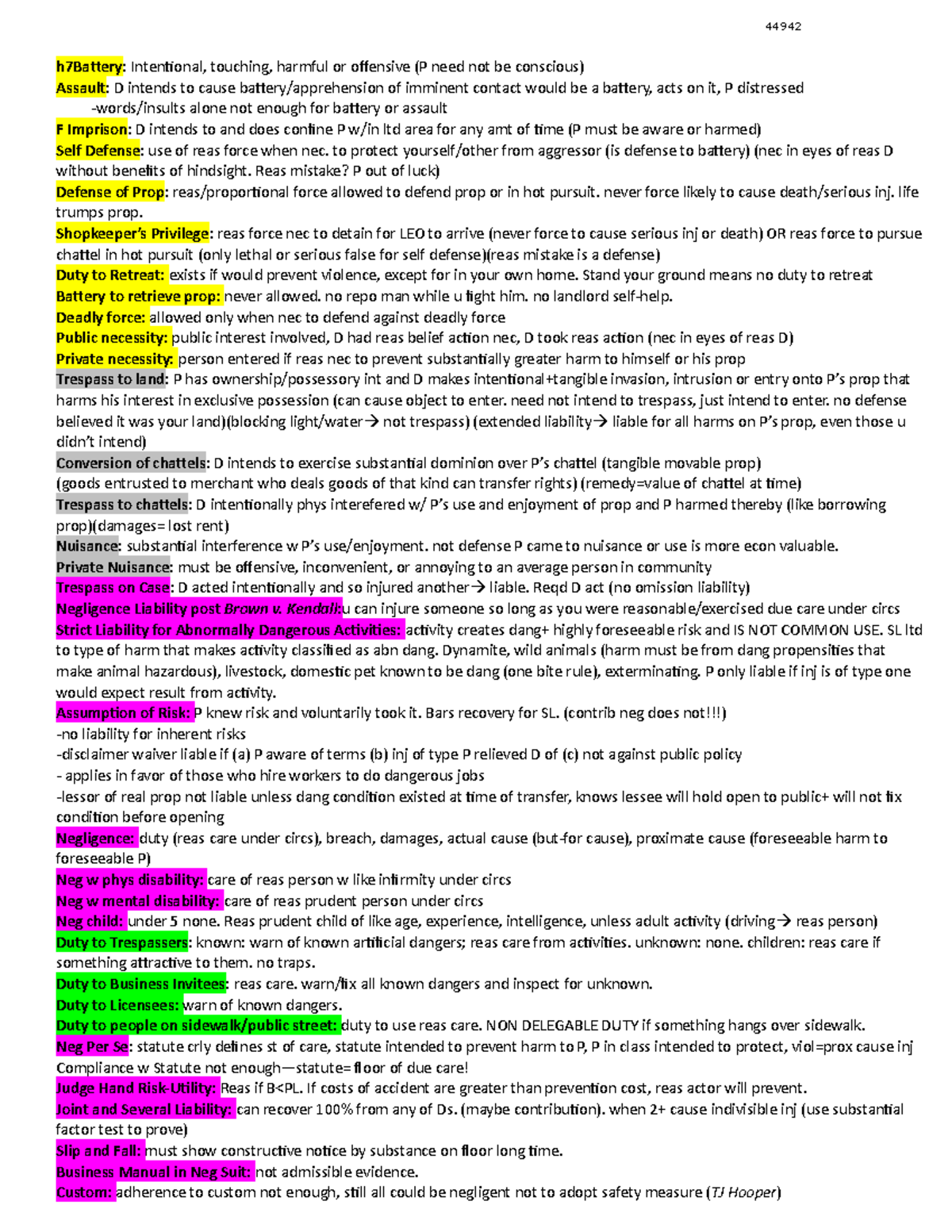 Torts Short Outline Exam Cheat Sheet H7battery Intentional Touching Harmful Or Offensive