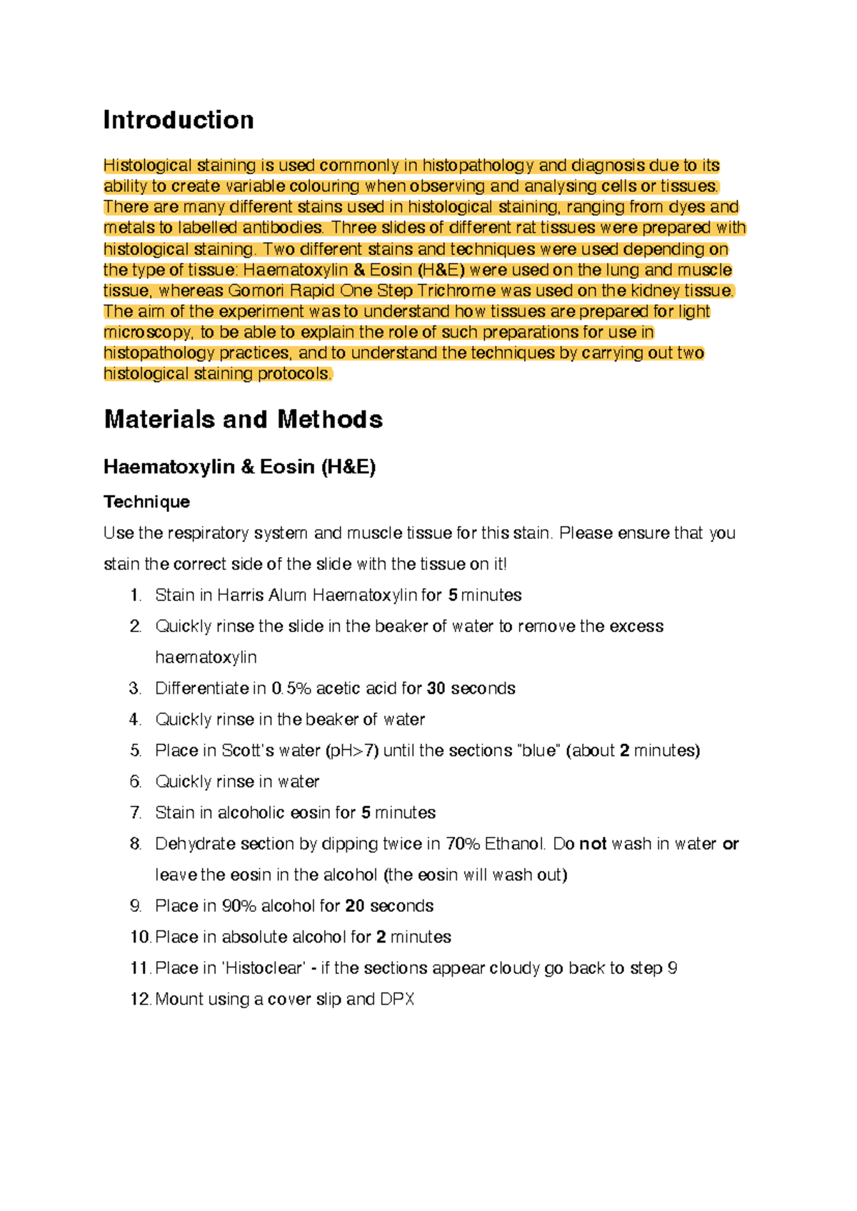 Formative Lab Report Cell Bio P2 - Introduction Histological staining ...