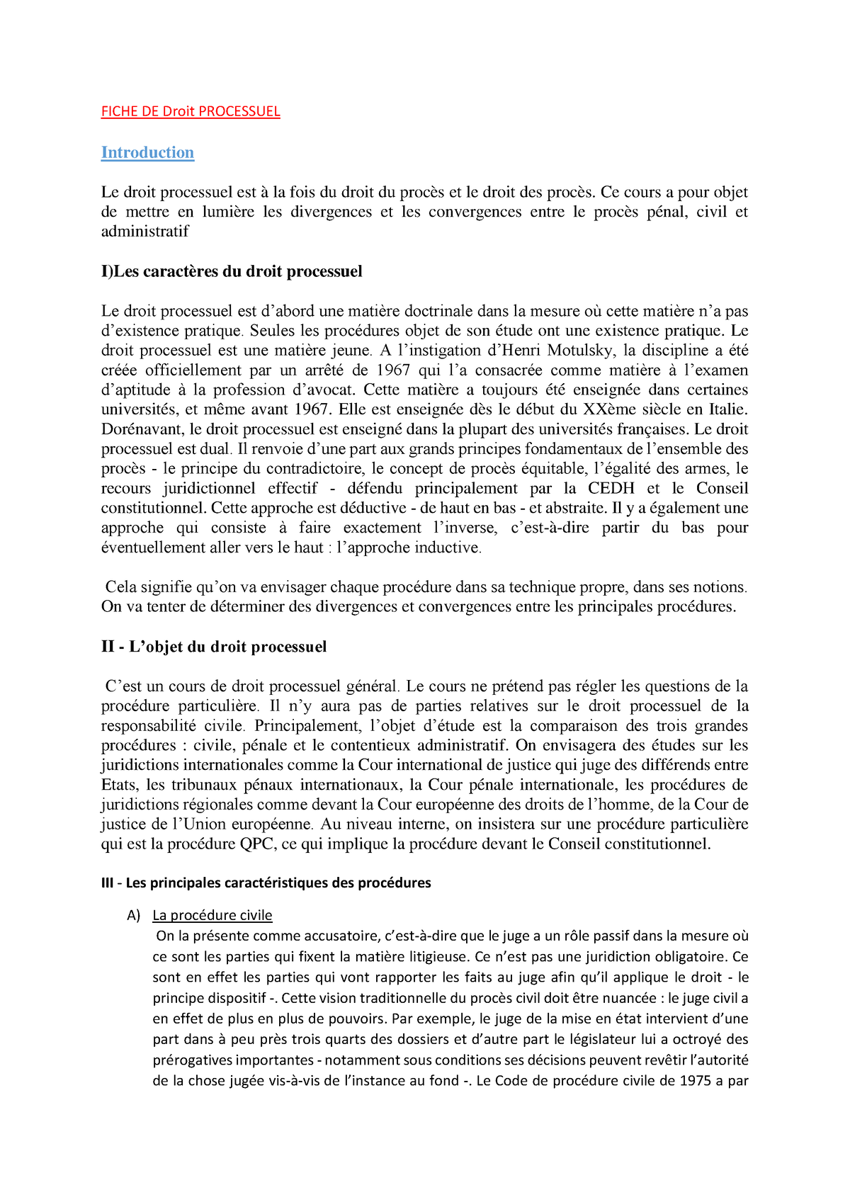 Fiche De Droit Processuel Fiche De Droit Processuel Introduction Le