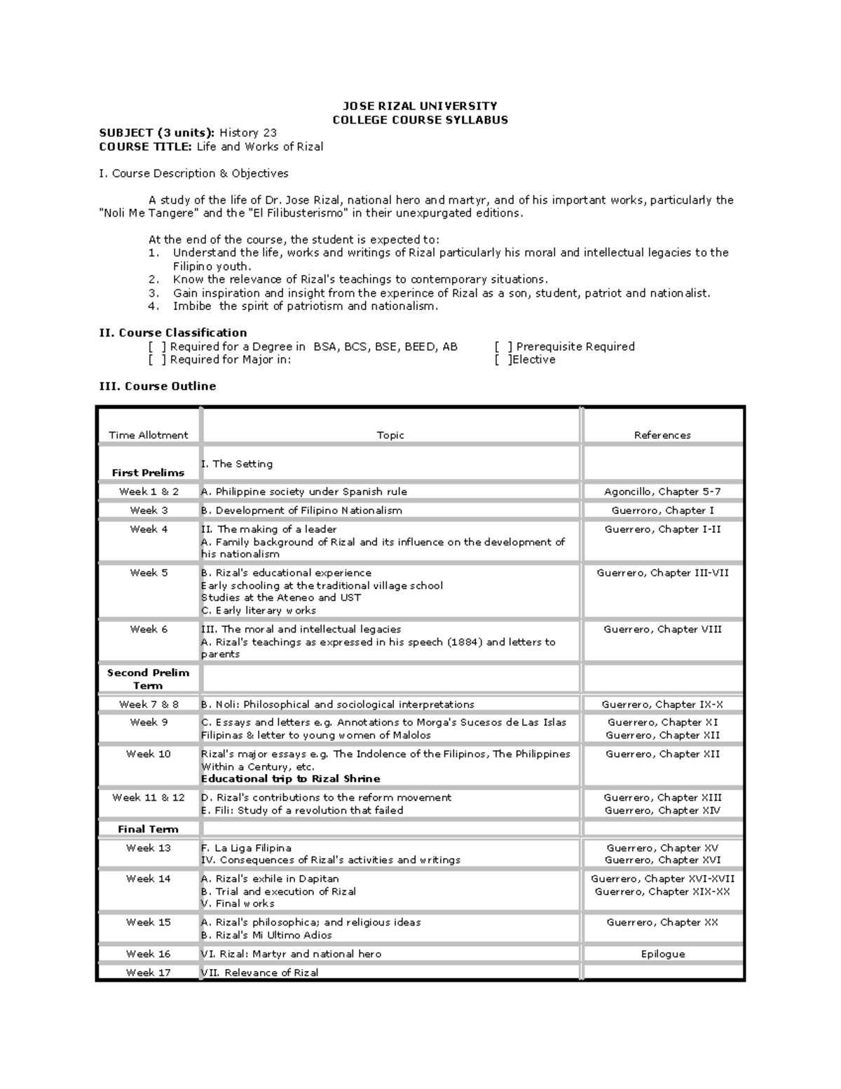 College Curriculum - JOSE RIZAL UNIVERSITY COLLEGE COURSE SYLLABUS ...