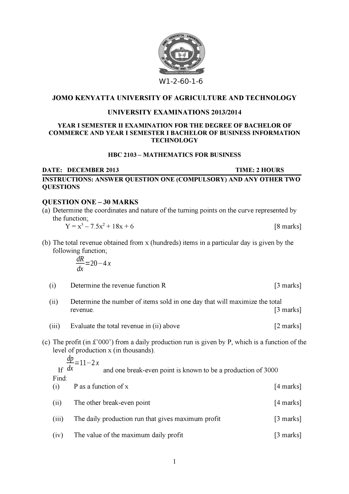 HBC 2103 - Mathematics FOR Business - W1-2-60-1- JOMO KENYATTA ...