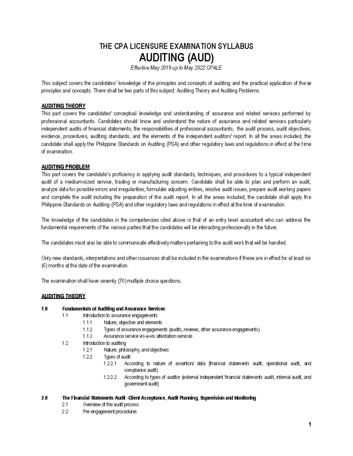 Aud syllabus oct 2021 cpale the cpa licensure examination syllabus