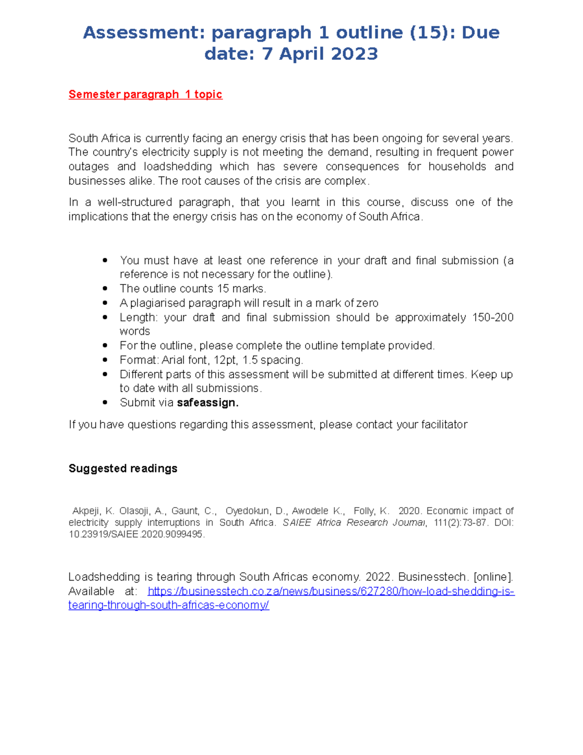 Paragraph brief (15) - Assessment: paragraph 1 outline (15): Due date