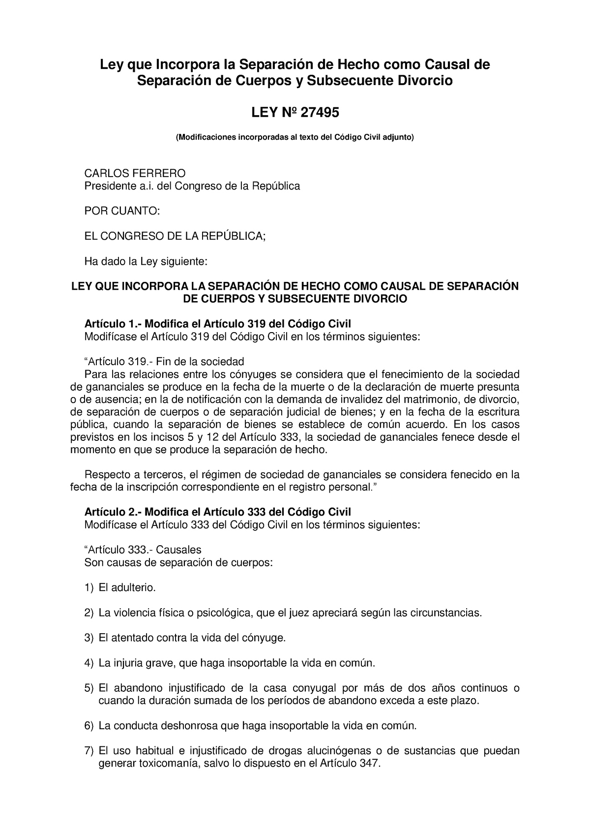 1 Ley 27495 - Ley Que Incorpora La Separación De Hecho Como Causal De ...